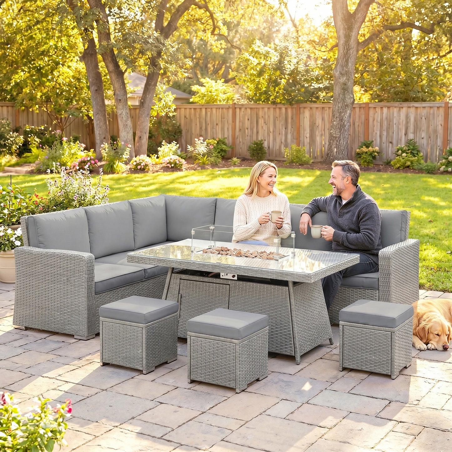 Outsunny Seven-Piece Firepit Table Rattan Sofa Set - Grey