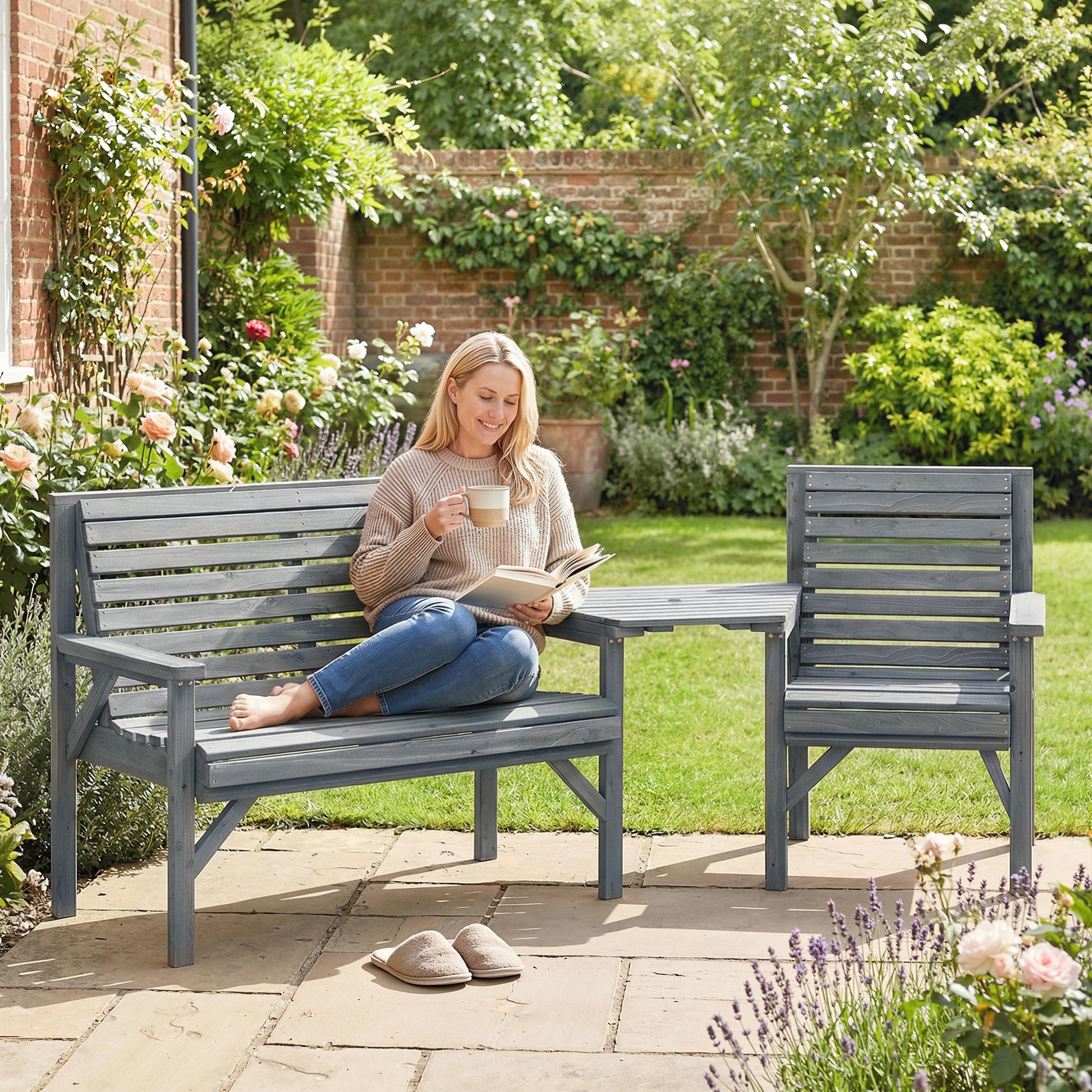 Riviera Wooden Garden Furniture Set with Parasol Hole, 1 Chair, 1 Bench and Detachable Table, Grey Embossed Finish