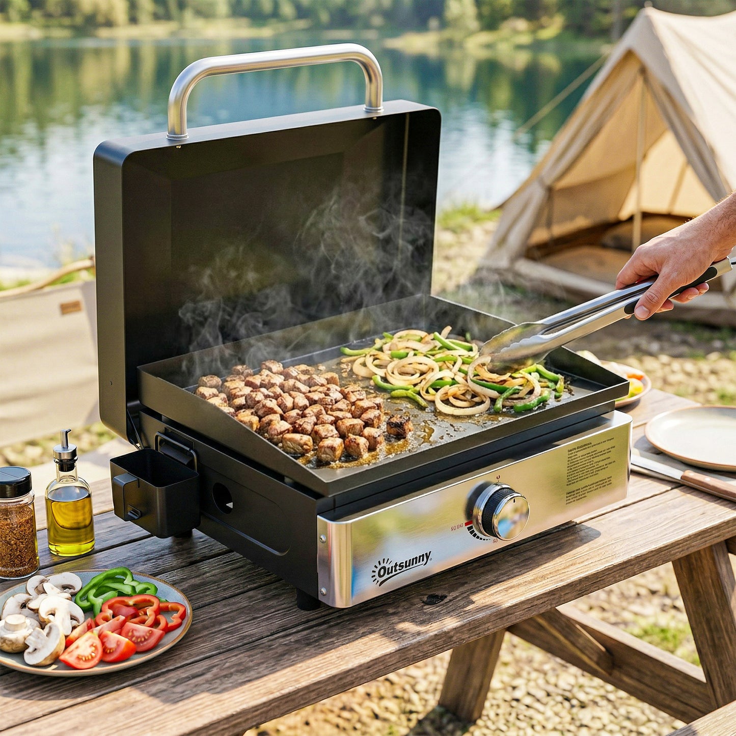 Outsunny Grill Griddle, Portable Gas Plancha, 3.5 kW, Tabletop Gas BBQ with Grease Cup for Camping Picnic Patios, Black