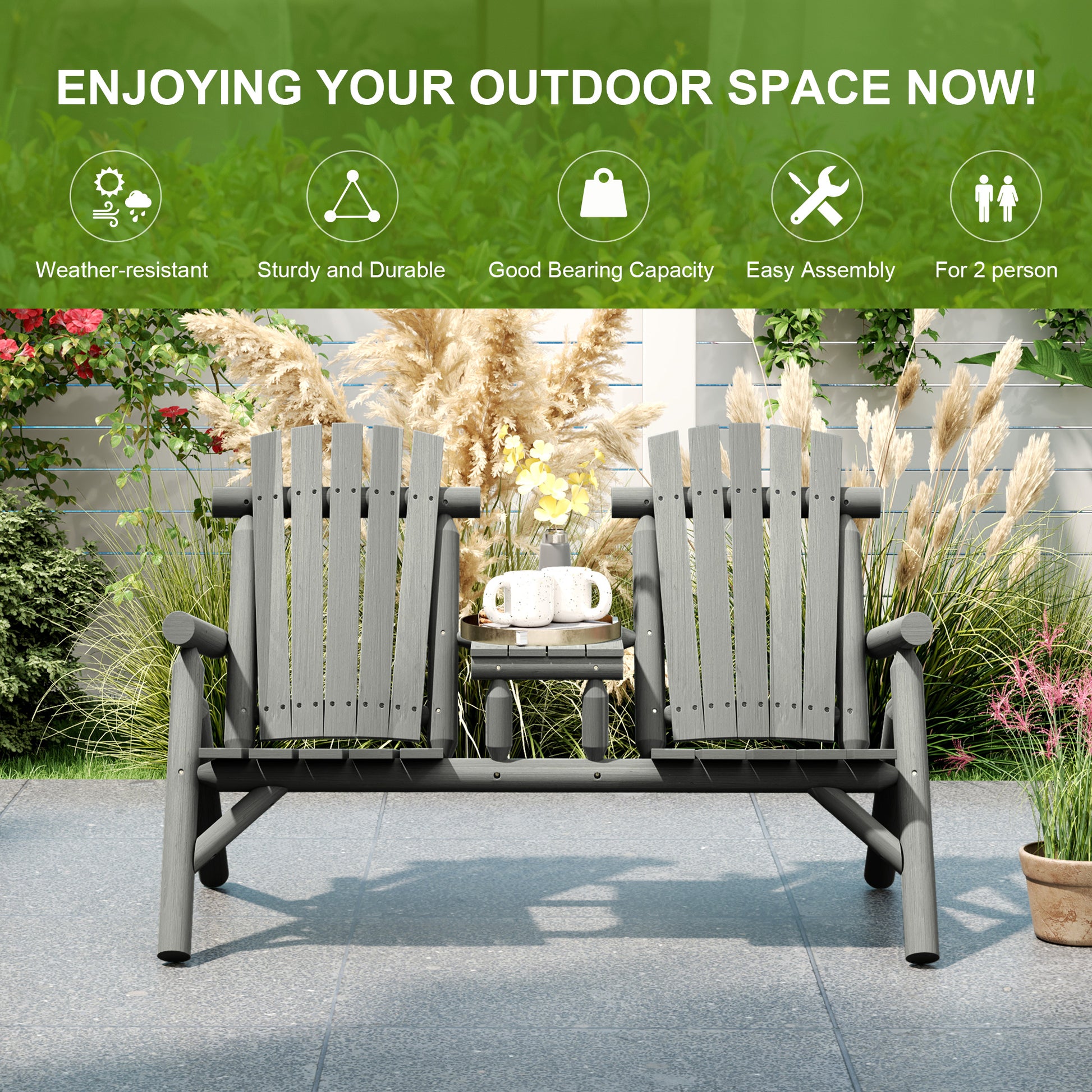 Outsunny Wood Patio Chair Bench 2 Seats w/ Centre Coffee Table, Garden Bench, Grey