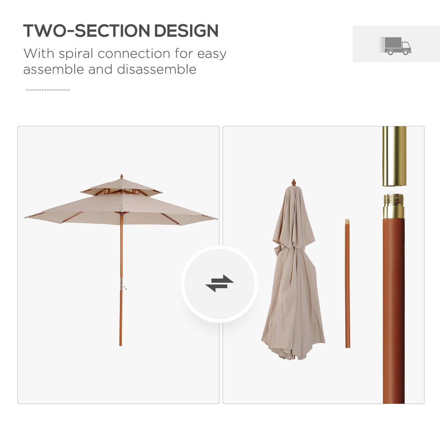 Outsunny 2.7m Wooden Parasol Elegant Two-Tier Design Garden Parasol Umbralle for Outdoor Shade, Beige