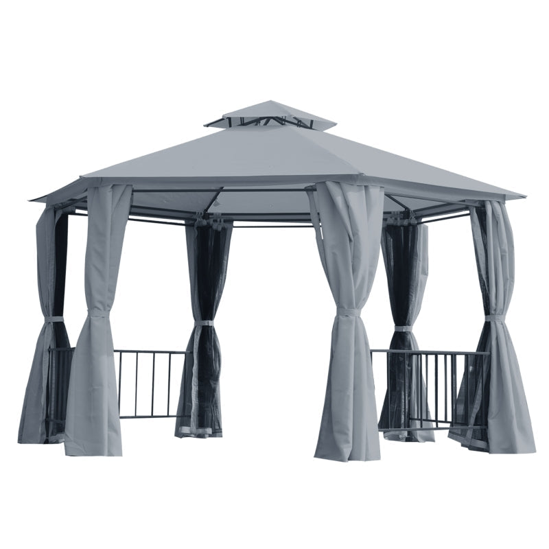 3m x 3m Hexagonal Garden Gazebo with Privacy Curtains & Mesh Insect Screens – Grey Steel Frame Pavilion