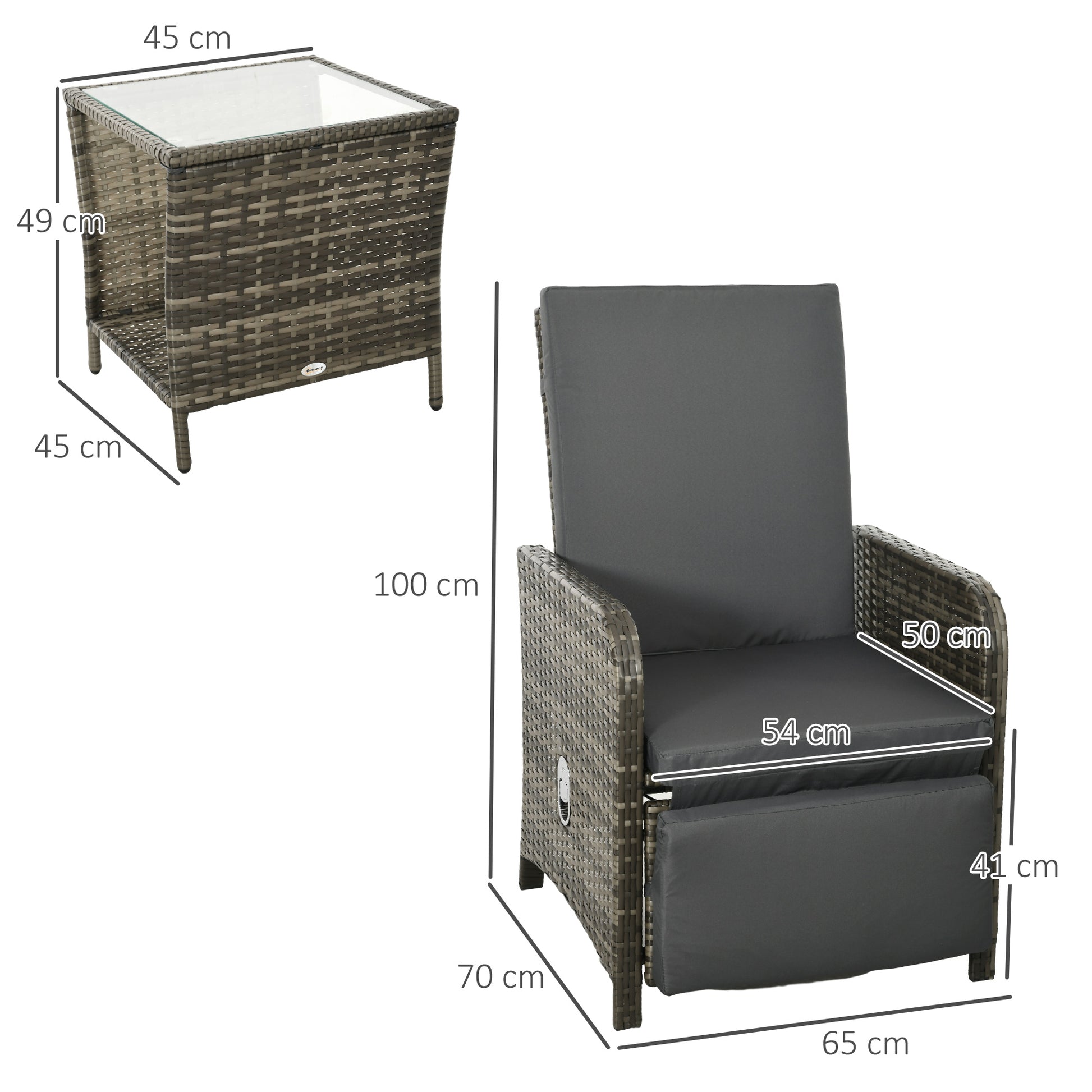 Outsunny 3 Pieces Rattan Bistro Set Balcony Furniture with Cushions, Storage Function - Dark Grey