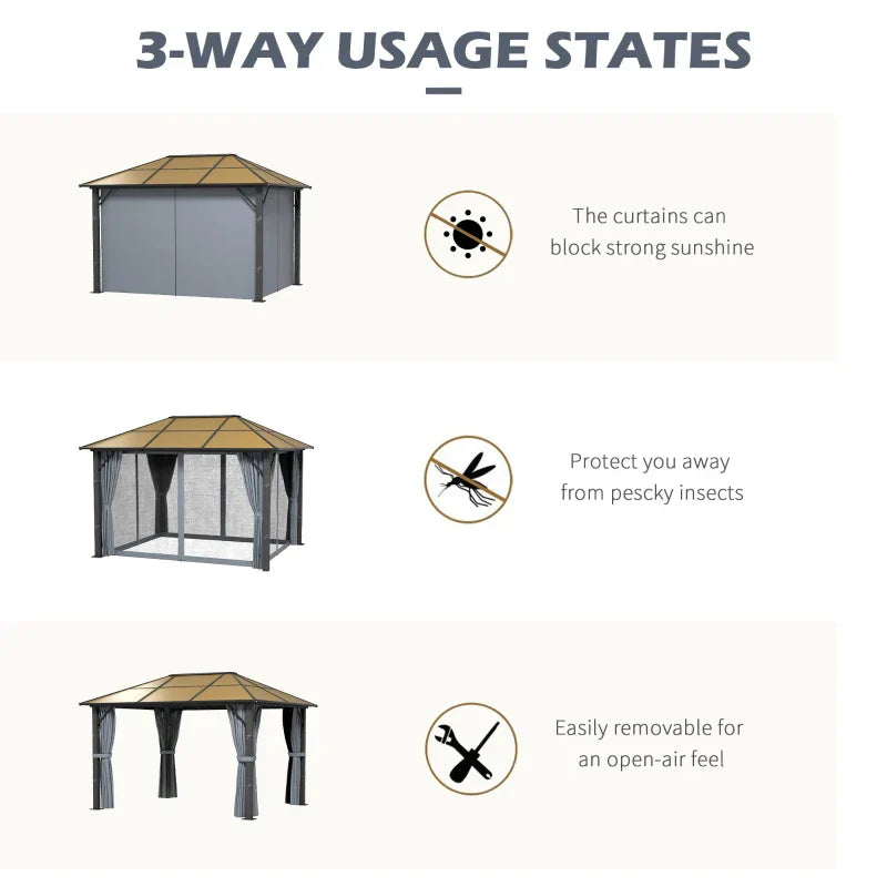 3m x 3.6m Aluminium Hardtop Gazebo - Polycarbonate Roof Garden Shelter with Privacy Curtains