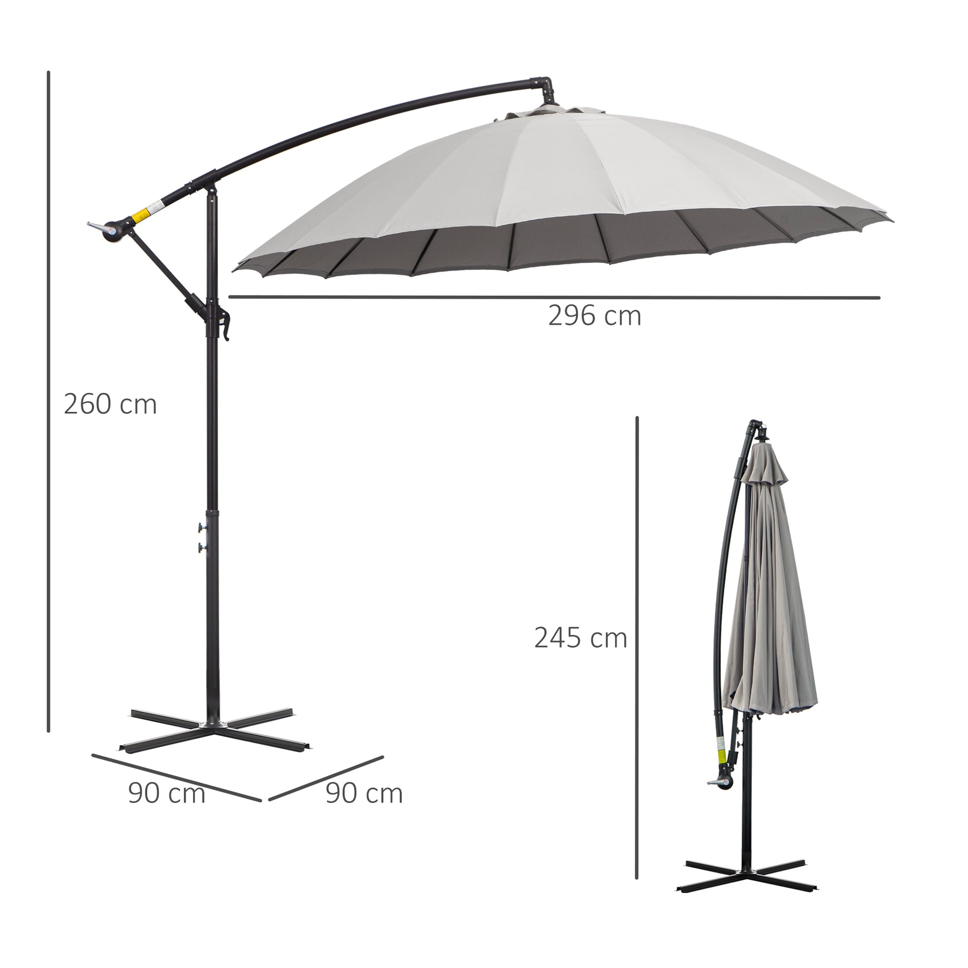 Outsunny 3(m) Cantilever Umbrella 18 Ribs & Vents Adjustable Angle for Patio Light Grey