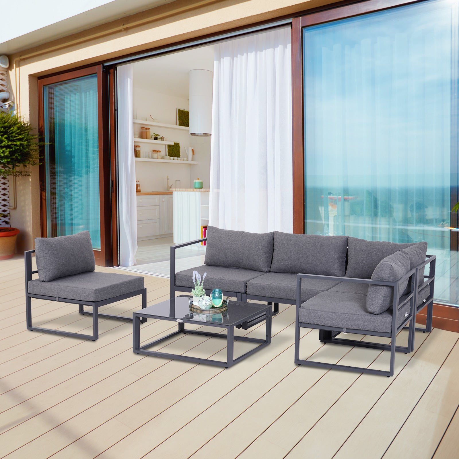 Monaco 5 Seater Aluminium Garden Sofa Set with Thick Cushions for Patio and Balcony, Outdoor, Grey