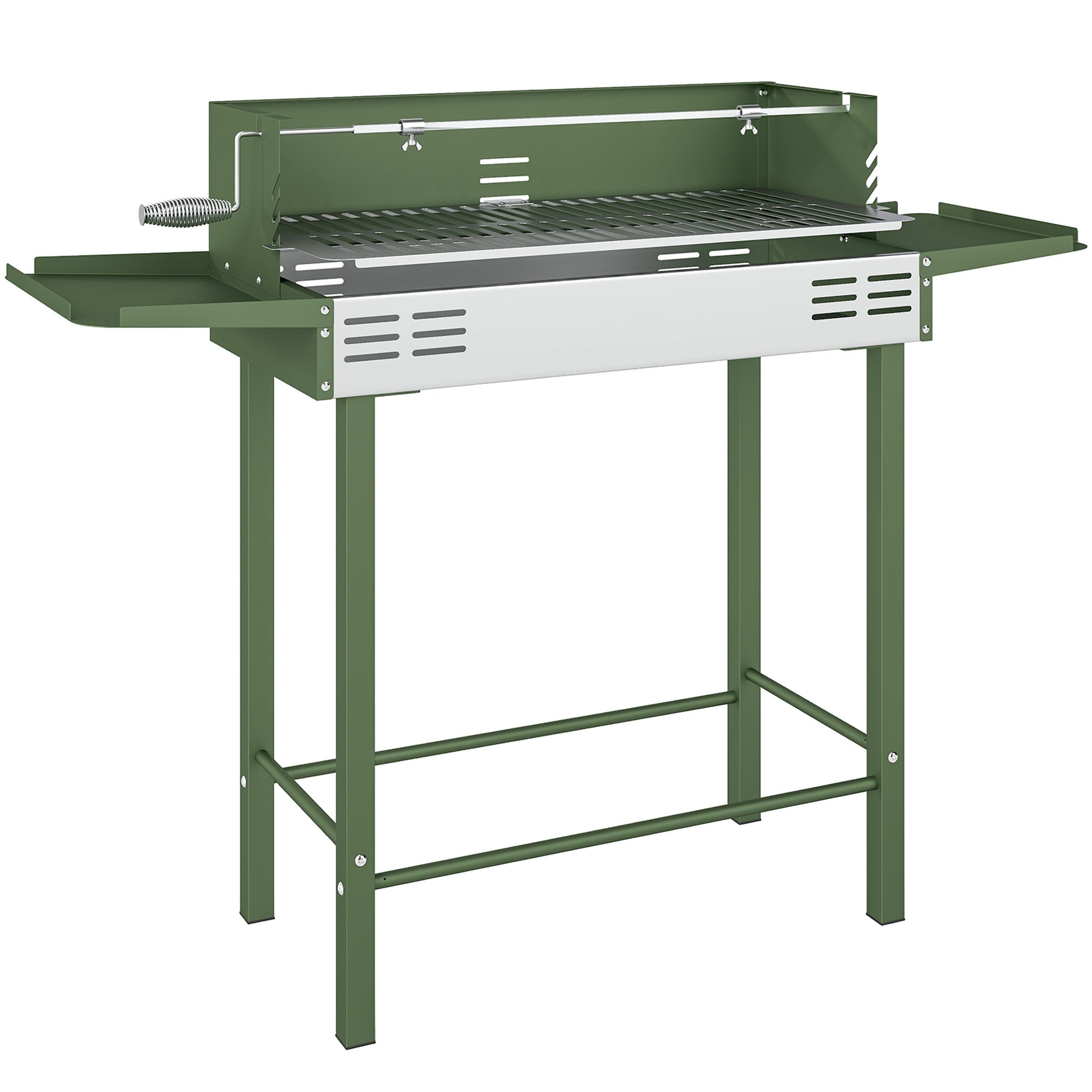 Outsunny BBQ Rotisserie Grill Roaster Charcoal Spit Roasting Machine for Chicken Turkey with 3-Level Grill Grate, Side Shelves, Dark Green