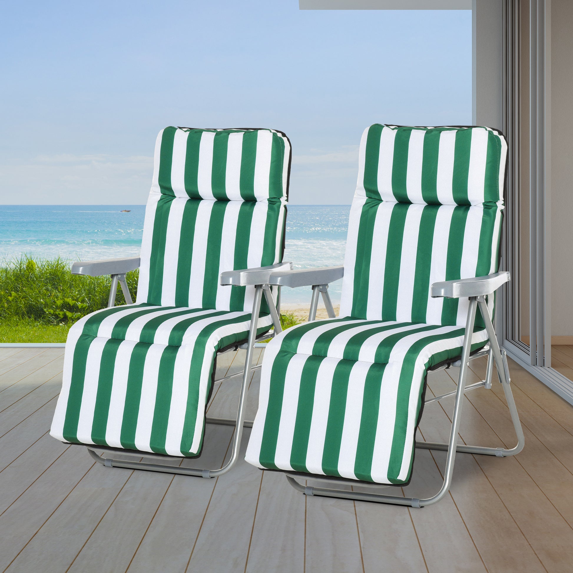 2 Pieces Outdoor Sun Lounger Set with Cushions, Patio Folding 5-Level Adjustable Backrest Recliner Chairs Set of 2 with High Backrest and