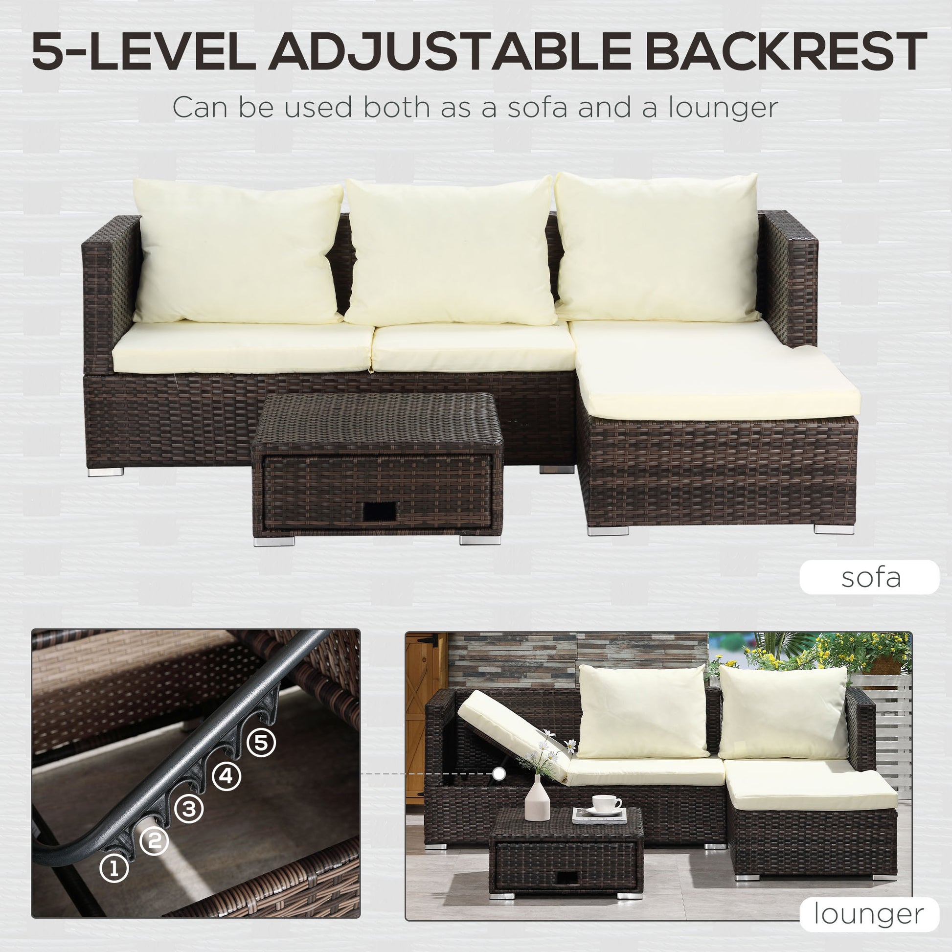 Outsunny 3 Pieces Rattan Garden Furniture Sofa Set, 4 Seater Garden Corner Sofa with 5-Level Reclining Sun Lounger and Storage Coffee Table, Outdoor Furniture Conservatory Set with Cushions, Brown