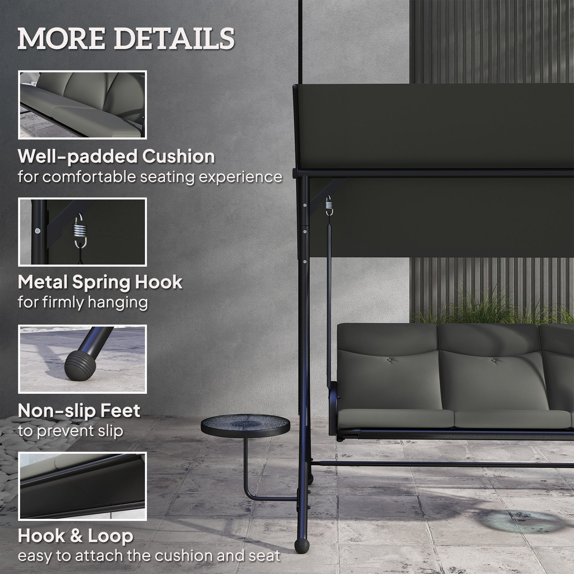 Outsunny Three-Seater Garden Swing, with Adjustable Canopy - Black/Grey
