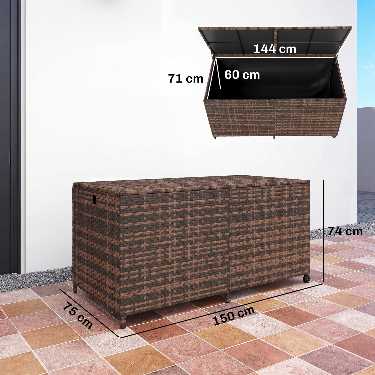 Outsunny - 650L Rattan Garden Storage Box, with Wheels, Mixed-Brown