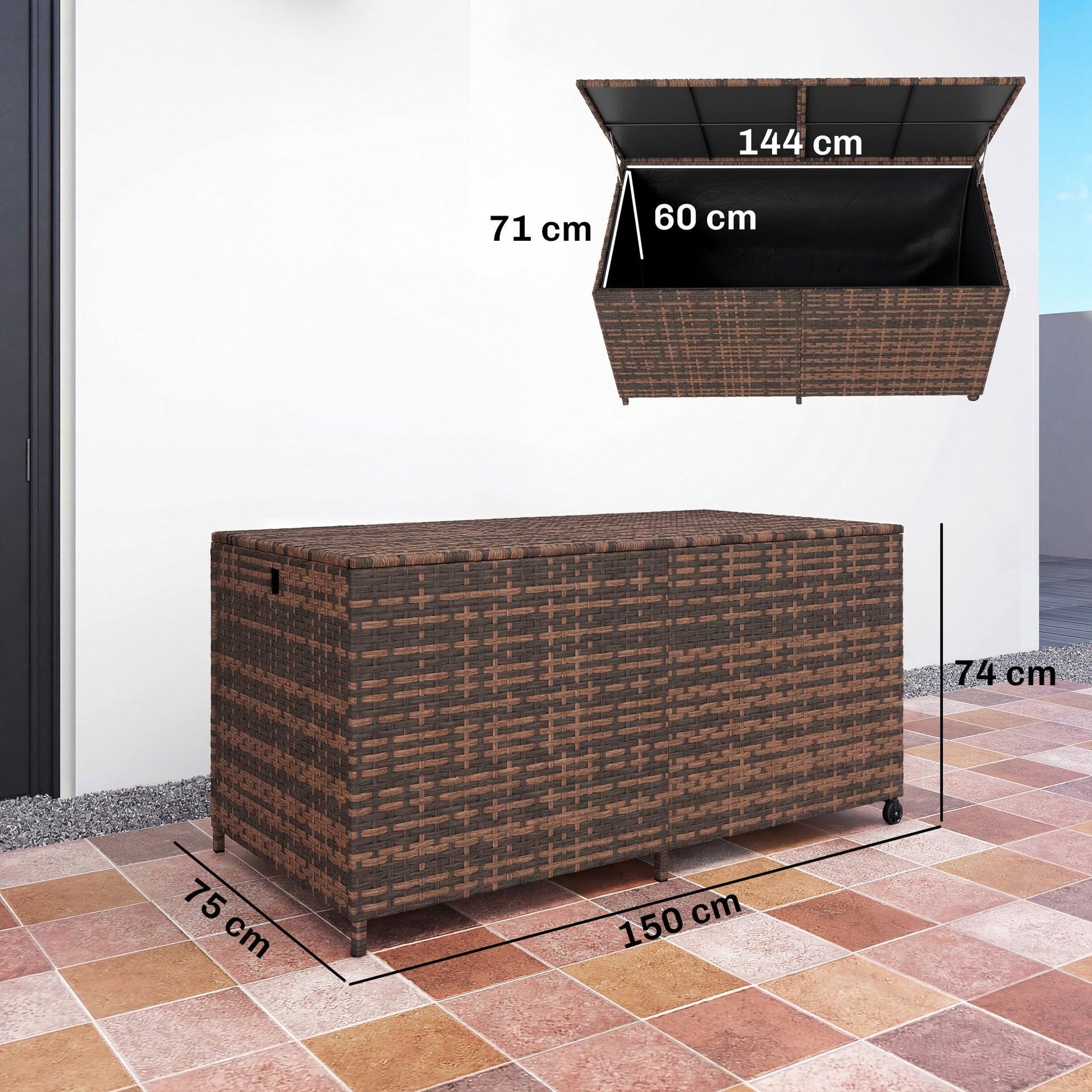 Outsunny - 650L Rattan Garden Storage Box, with Wheels, Mixed-Brown