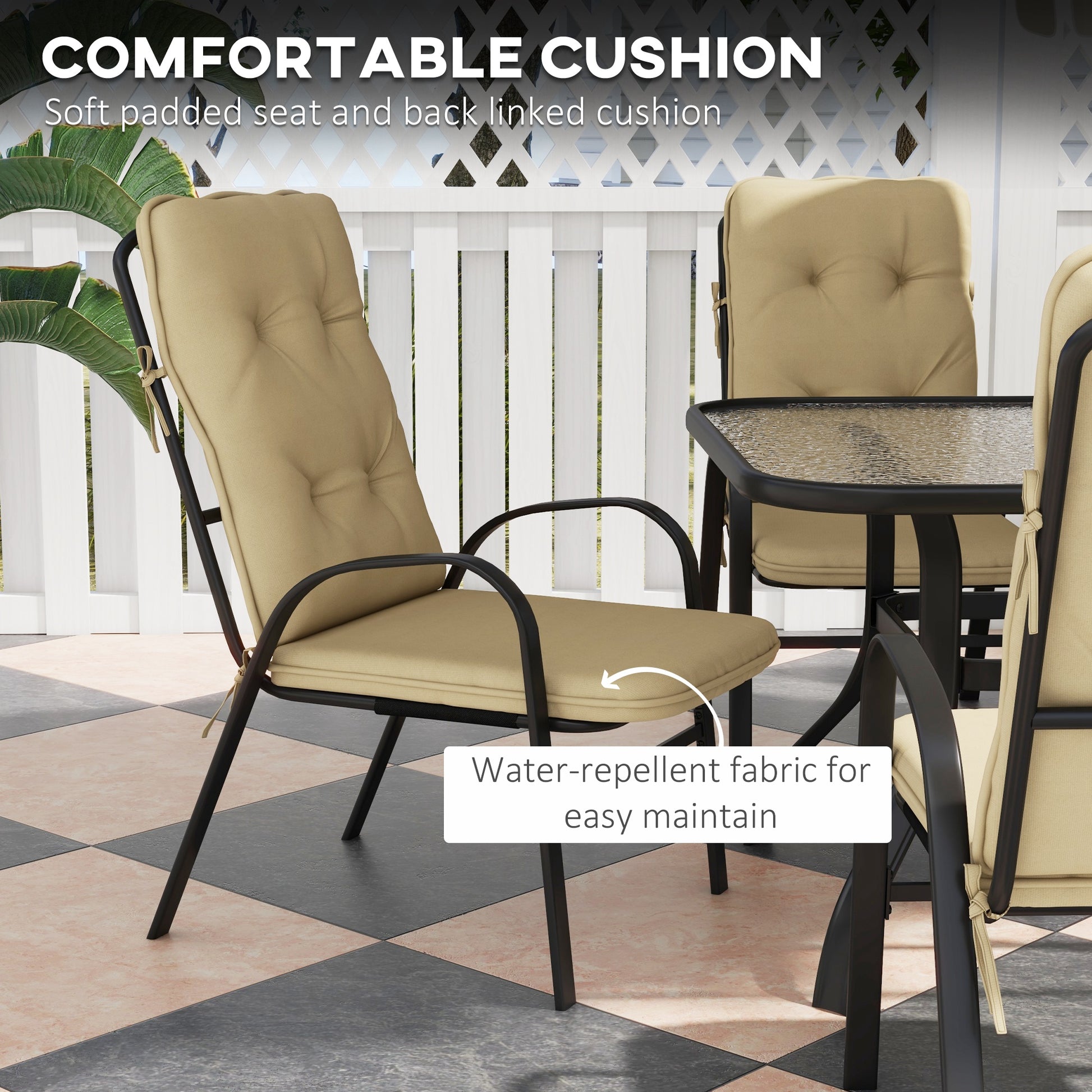 Outsunny Seven-Piece Garden Dining Set with Ripple Tempered Glass Tabletop and Full-size Cushions - Beige