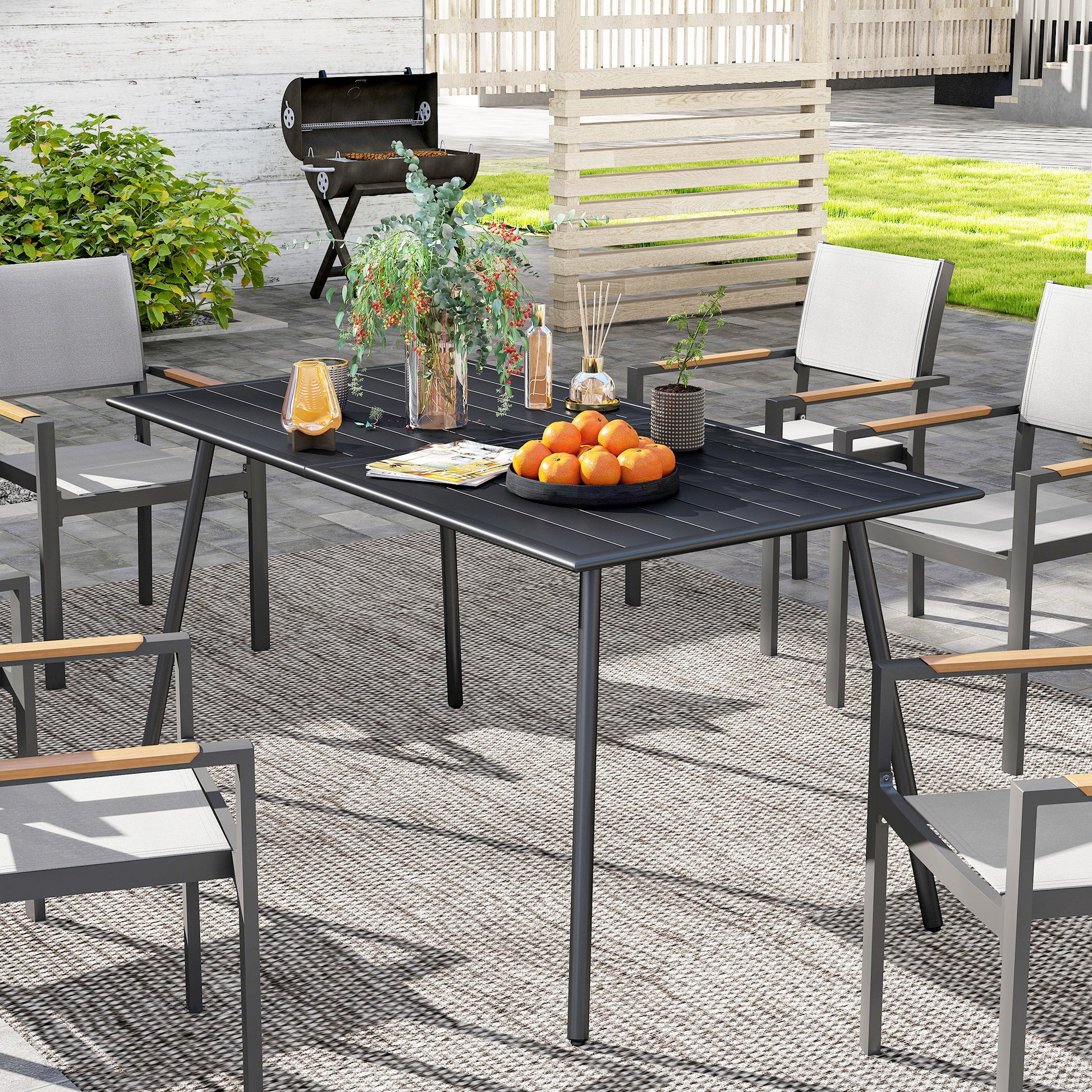 Marbella Rectangle Garden Table with Slat Top, Steel Frame, Garden Table for 6 Person, 150 x 80 x 74 cm, Black