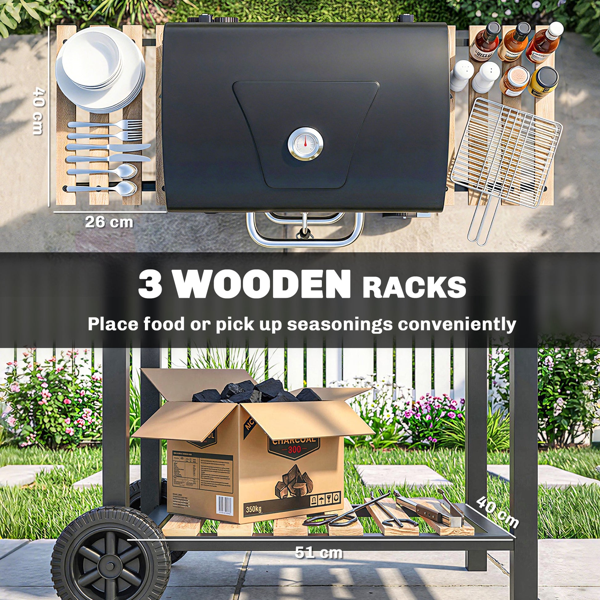 Outsunny Charcoal BBQ Grill with Adjustable Charcoal Pan, Barbecue Smoker with Warming Rack, Black