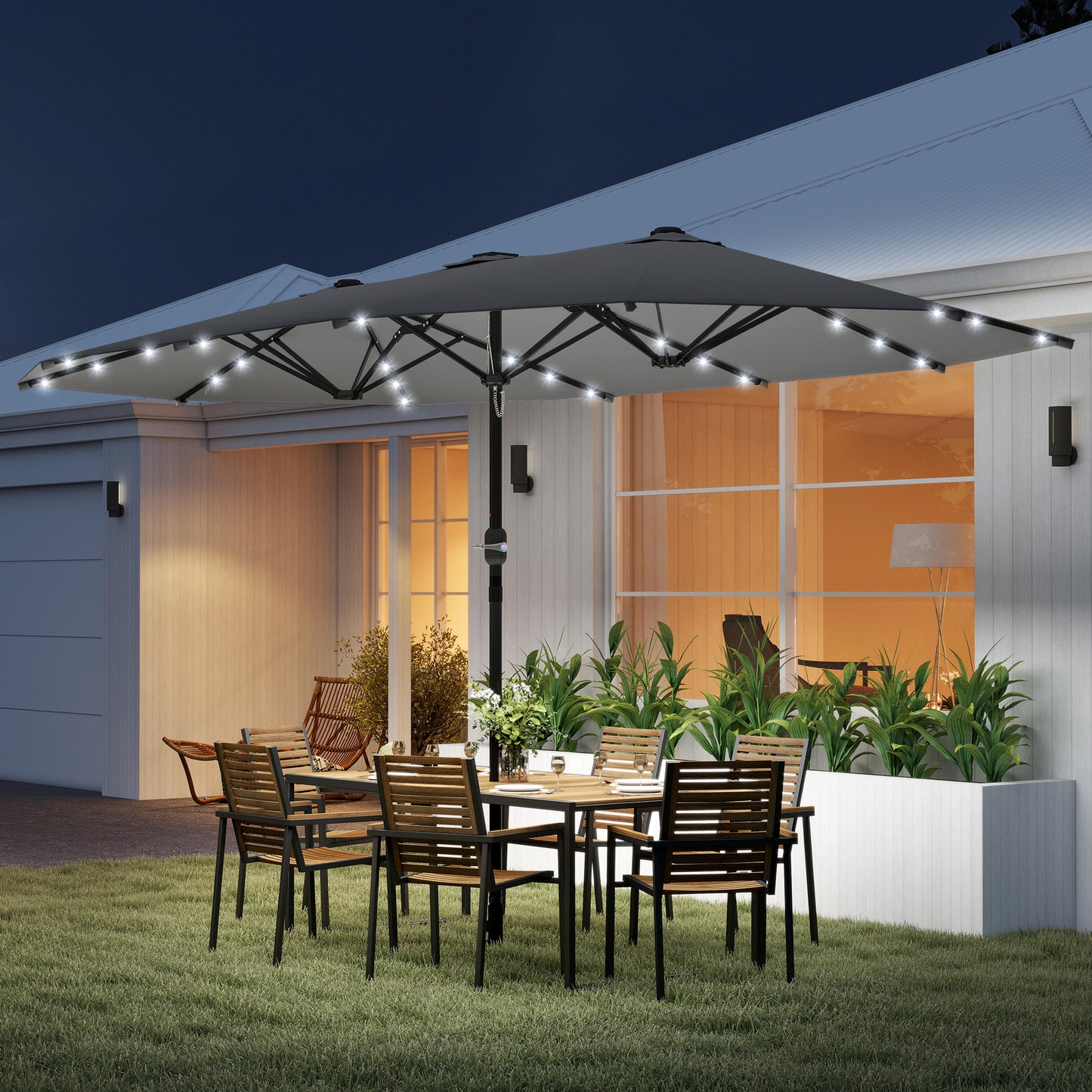 4.4m Double-Sided Sun Umbrella Patio Parasol LED Solar Lights Dark Grey