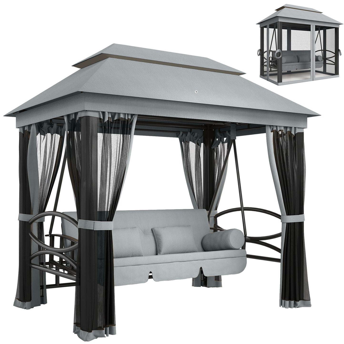 Outsunny 3 Seater Swing Chair 3-in-1 Convertible Garden Swing Seat Bed Gazebo Patio Bench Outdoor with Double Tier Canopy, Cushioned Seat, Mesh Sidewalls, Grey