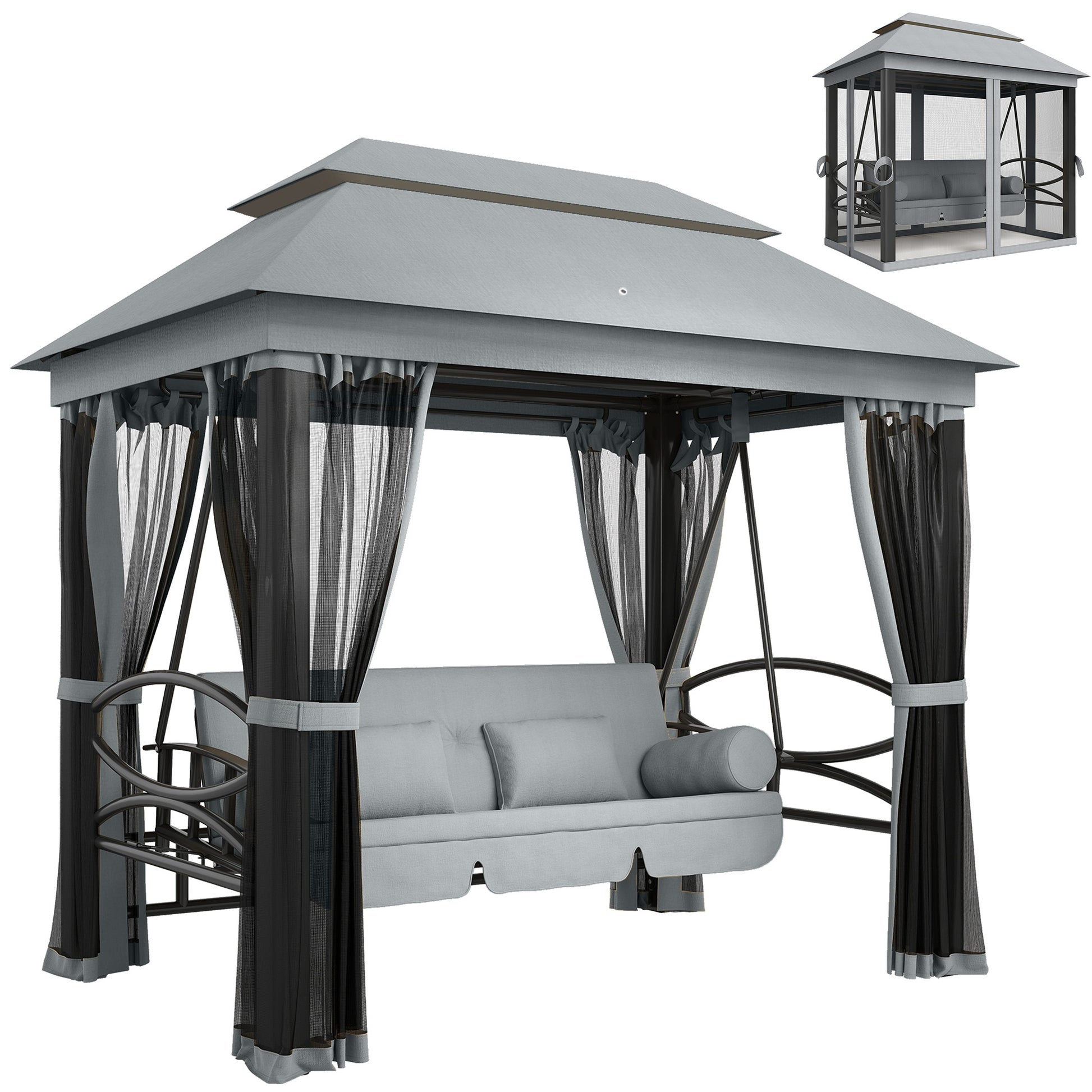 Outsunny 3 Seater Swing Chair 3-in-1 Convertible Garden Swing Seat Bed Gazebo Patio Bench Outdoor with Double Tier Canopy, Cushioned Seat, Mesh Sidewalls, Grey