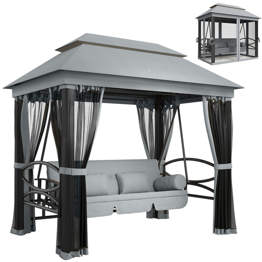 Outsunny 3 Seater Swing Chair 3-in-1 Convertible Garden Swing Seat Bed Gazebo Patio Bench Outdoor with Double Tier Canopy, Cushioned Seat, Mesh Sidewalls, Grey