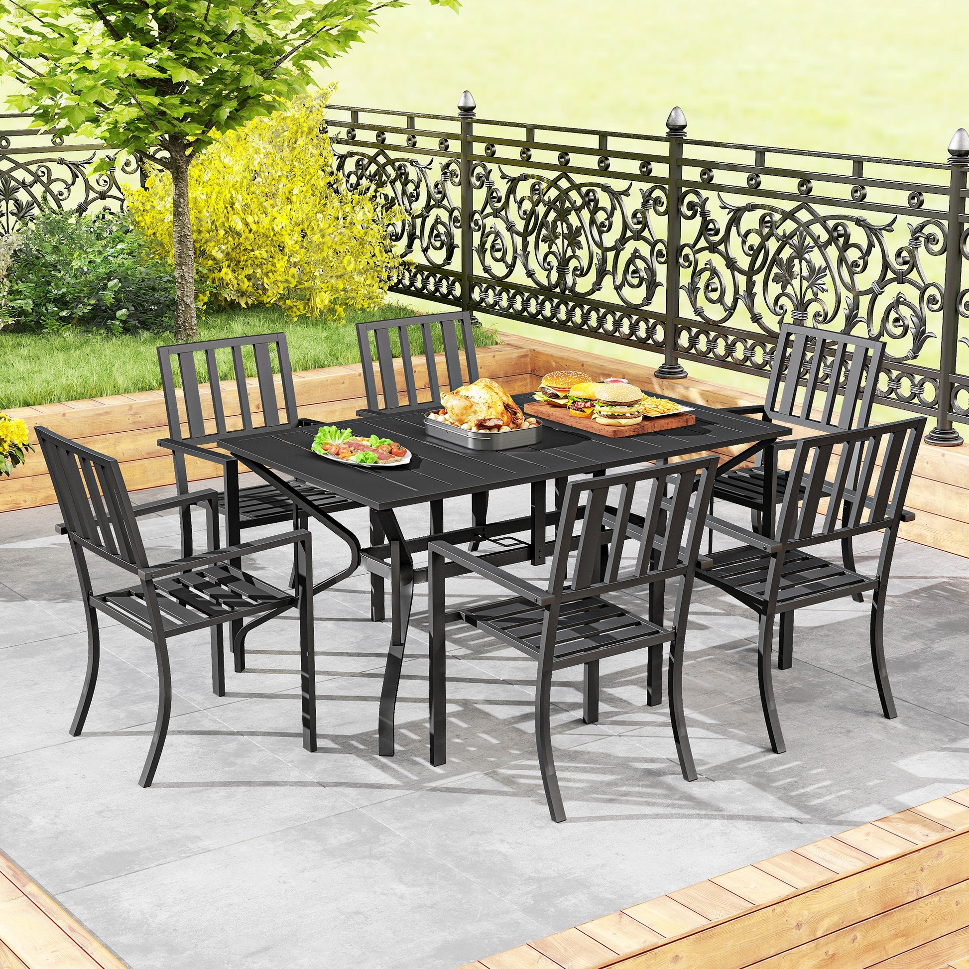 Outsunny 7 Pieces Garden Table and Chairs 6 Seater Outdoor Table and Chairs with Umbrella Hole, for Poolside, Garden, Black