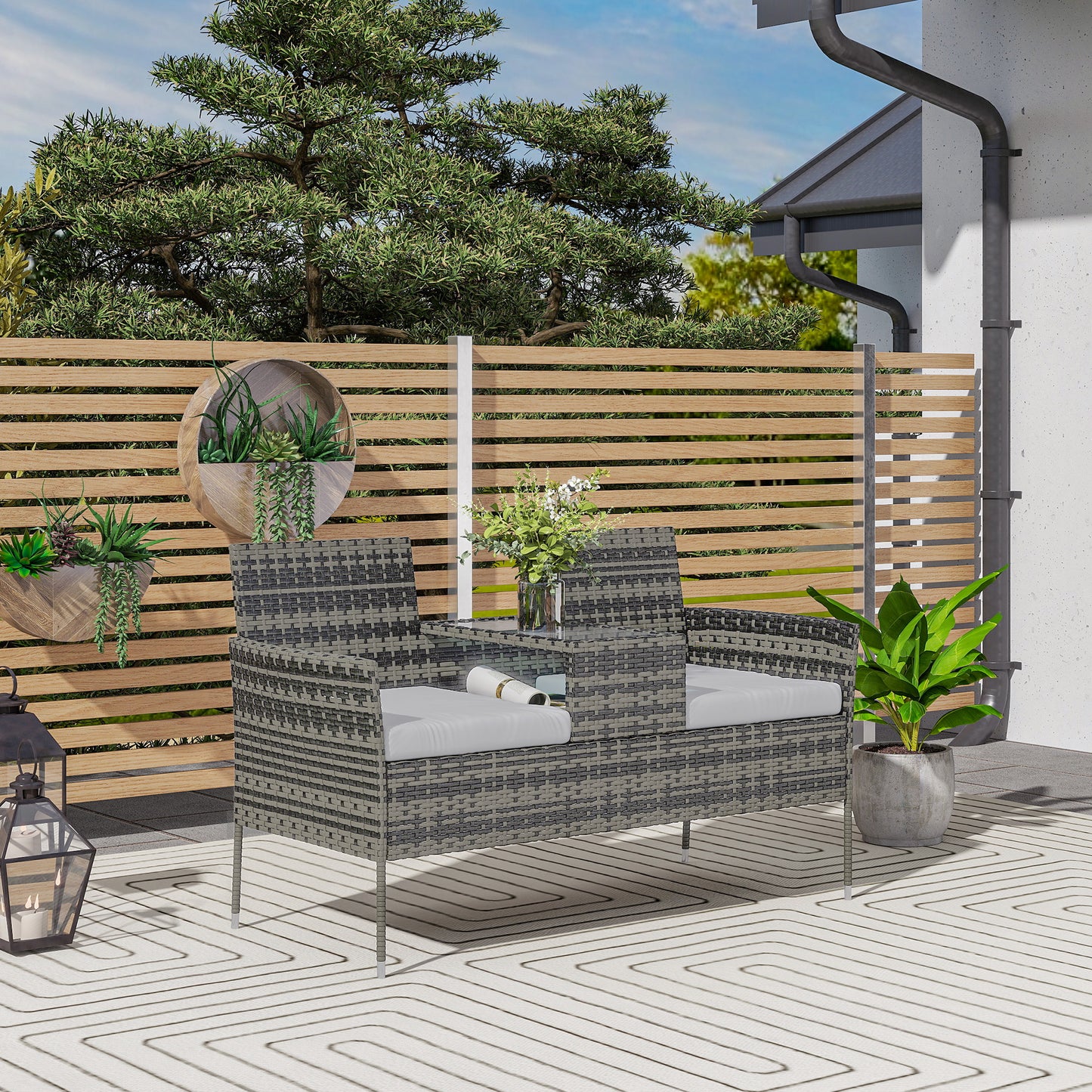 Verona Two-Seat Rattan Chair, with Middle Table - Charcoal Grey