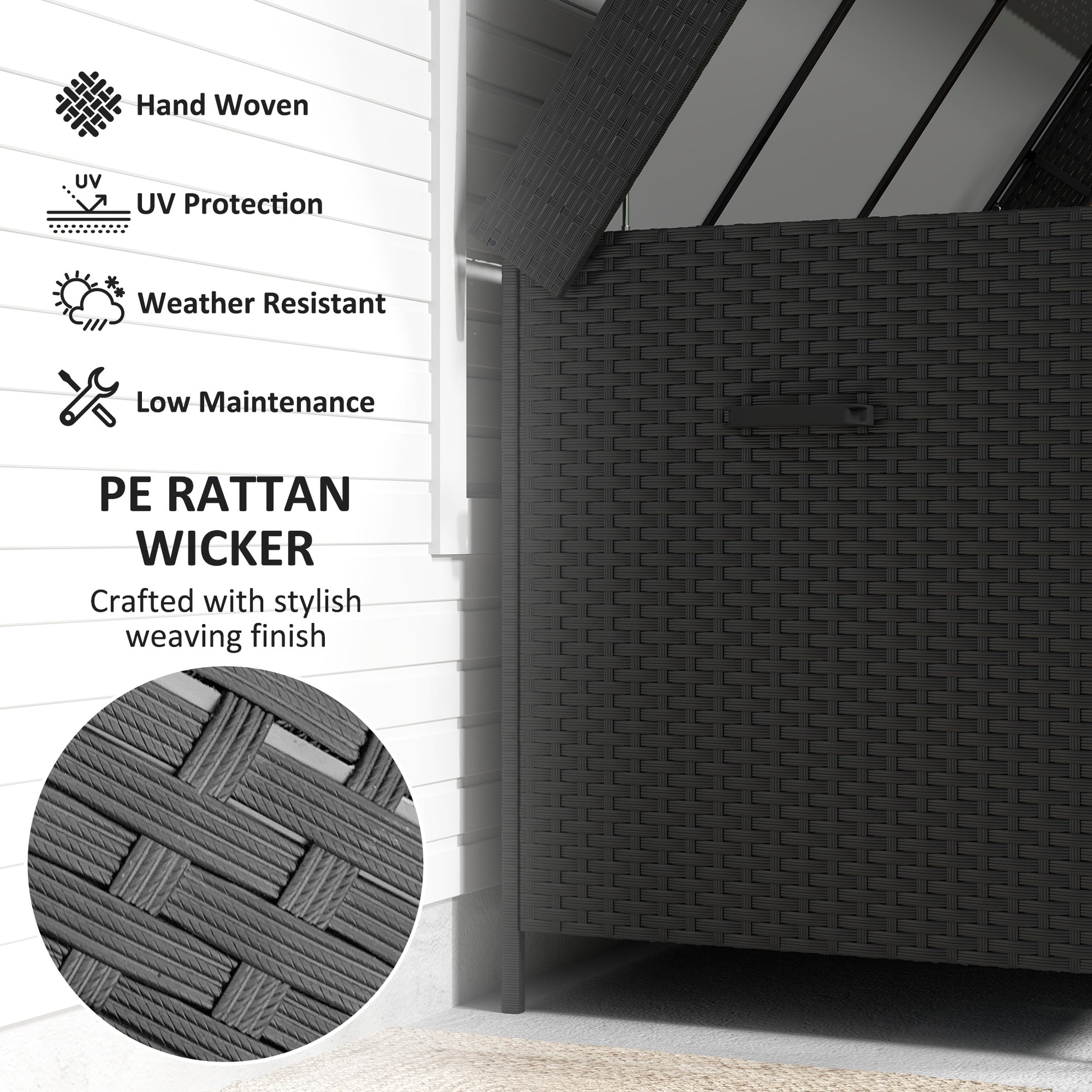 Outsunny - 627L Rattan Garden Storage Box, with Wheels, Black