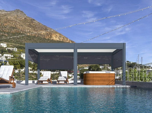Eclipse Motorised Pergola - Front View with Tub Inside