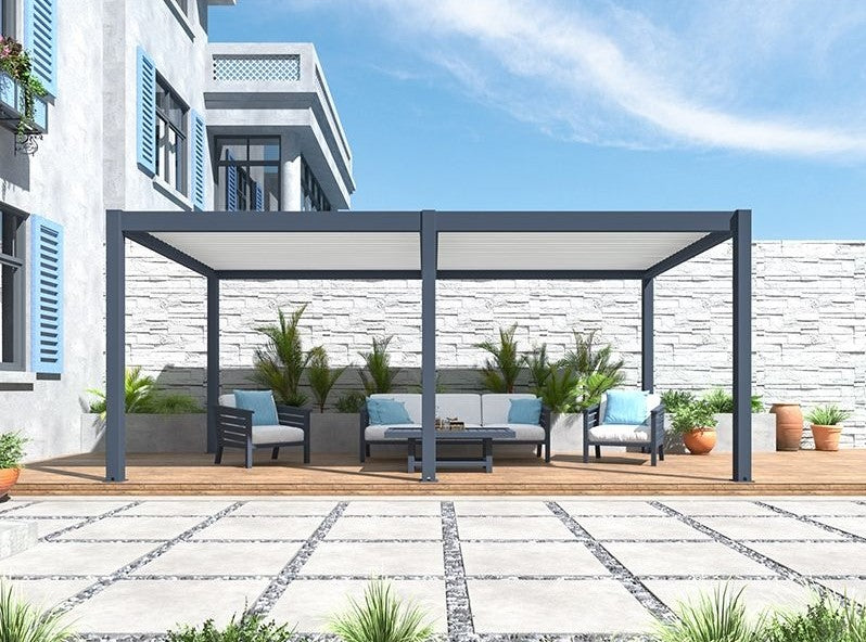 Eclipse Motorised Pergola 5m x 3.5m with Sofa Set inside