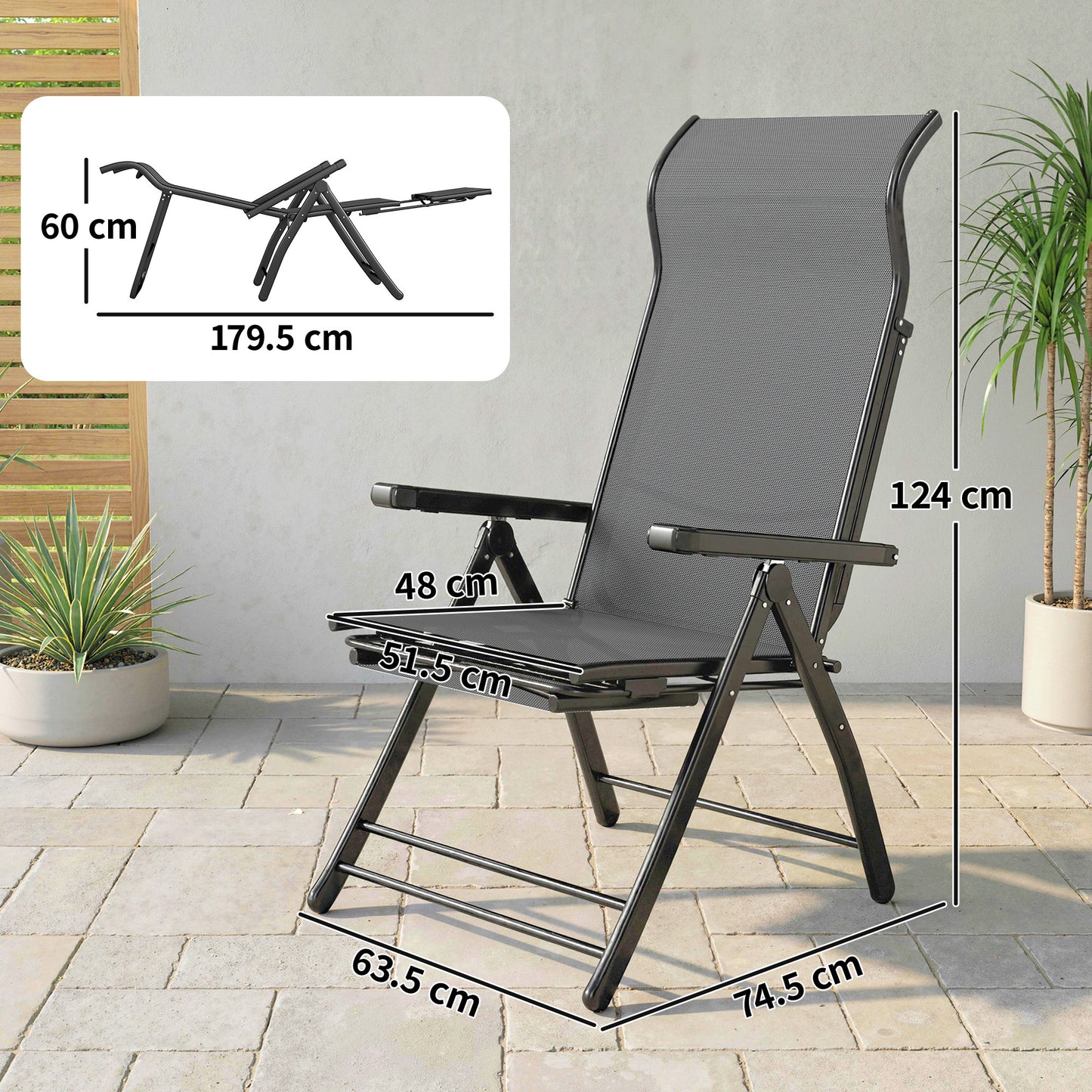 Outsunny Reclining Garden Chairs Set of 2 with High Back, Retractable Footrest, Dark Grey