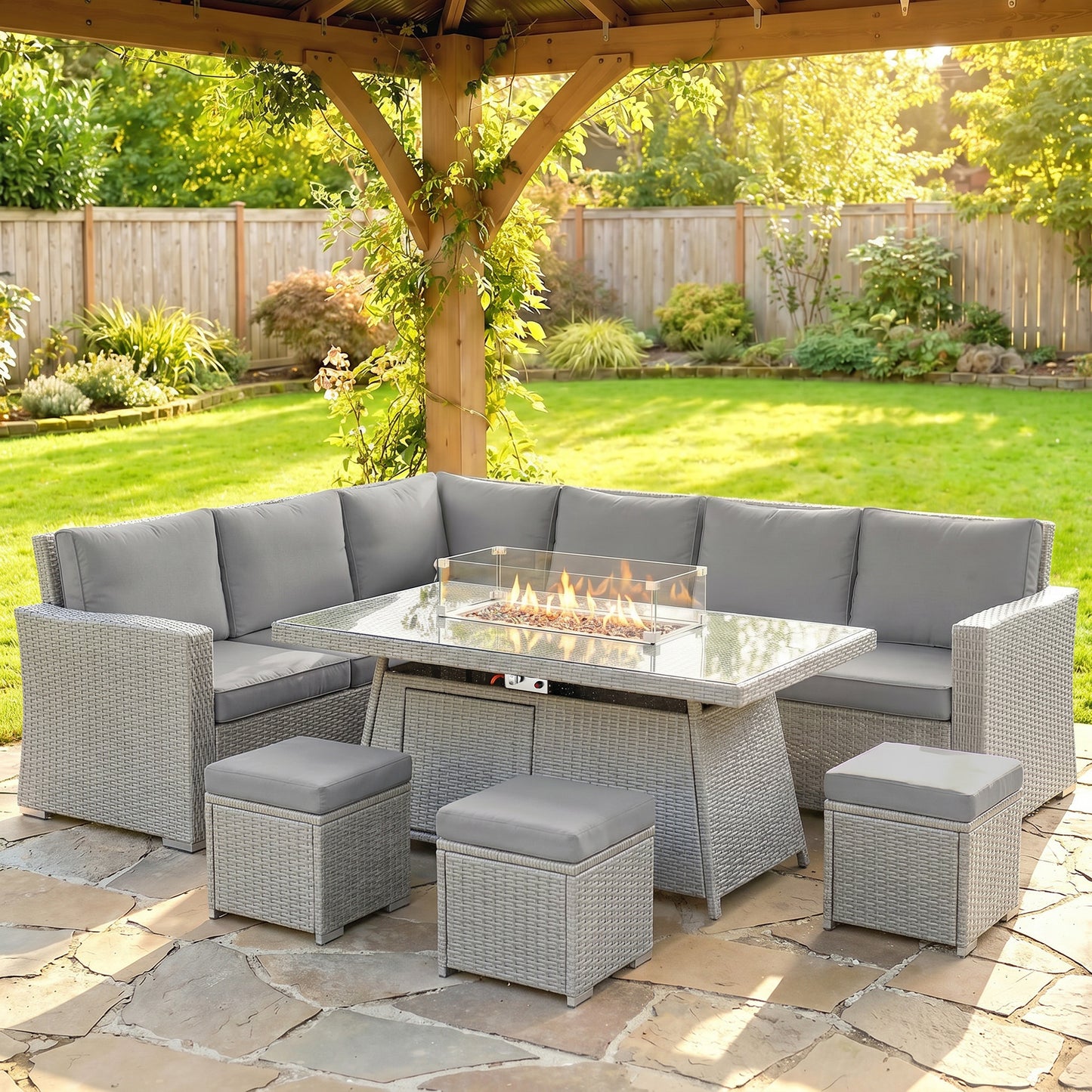 Capri Seven-Piece Firepit Table Rattan Sofa Set - Grey