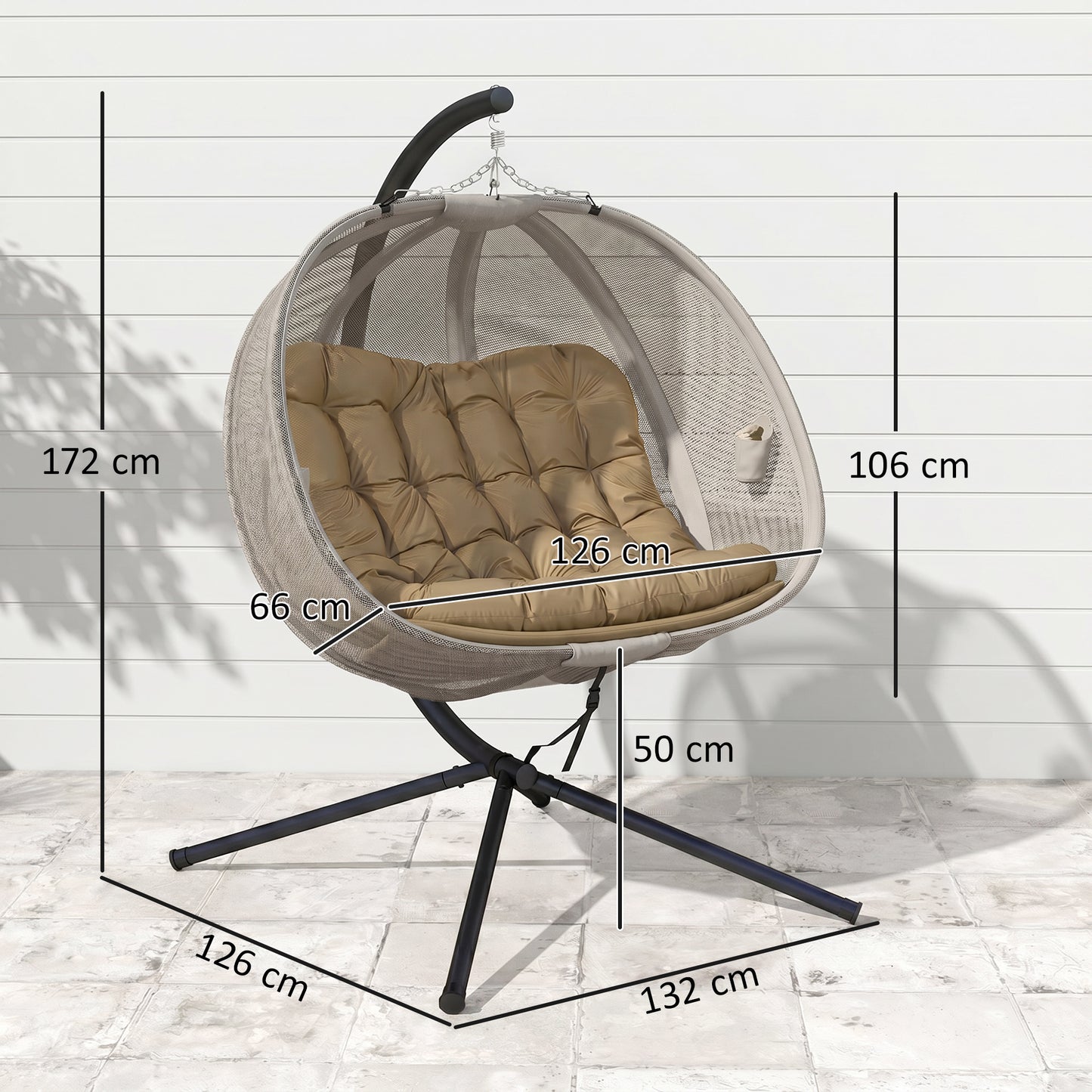 Outsunny Double Hanging Egg Chair 2 Seaters Texteline Swing Hammock Chair with Stand, Cushion and Folding Design, for Indoor and Outdoor, Brown