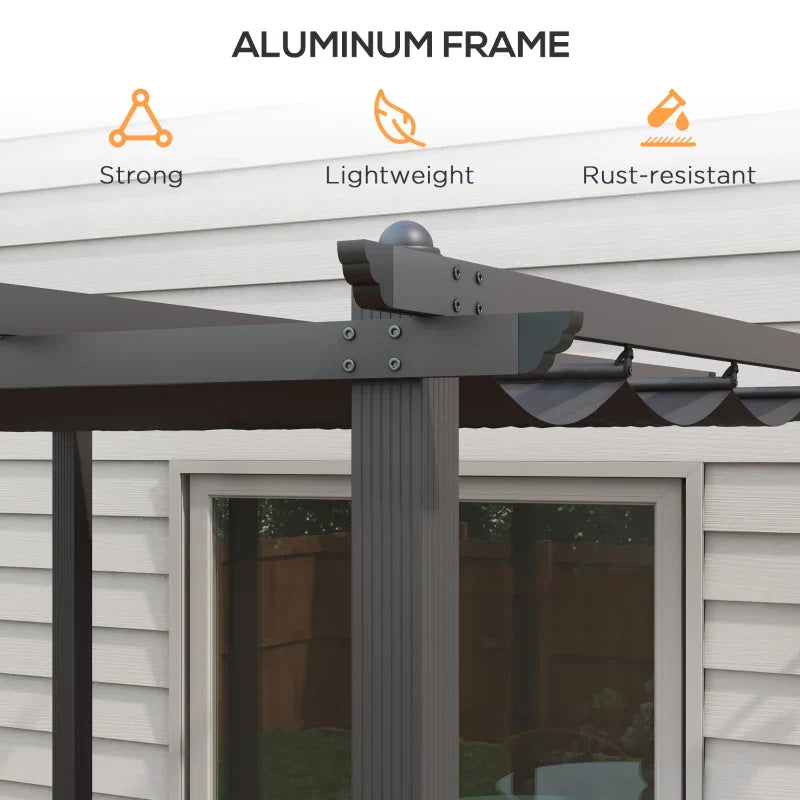 3m x 3m Aluminium Pergola – Dark Grey Retractable PU Canopy Roof with Drainage Grommets, Outdoor Patio Shade Shelter