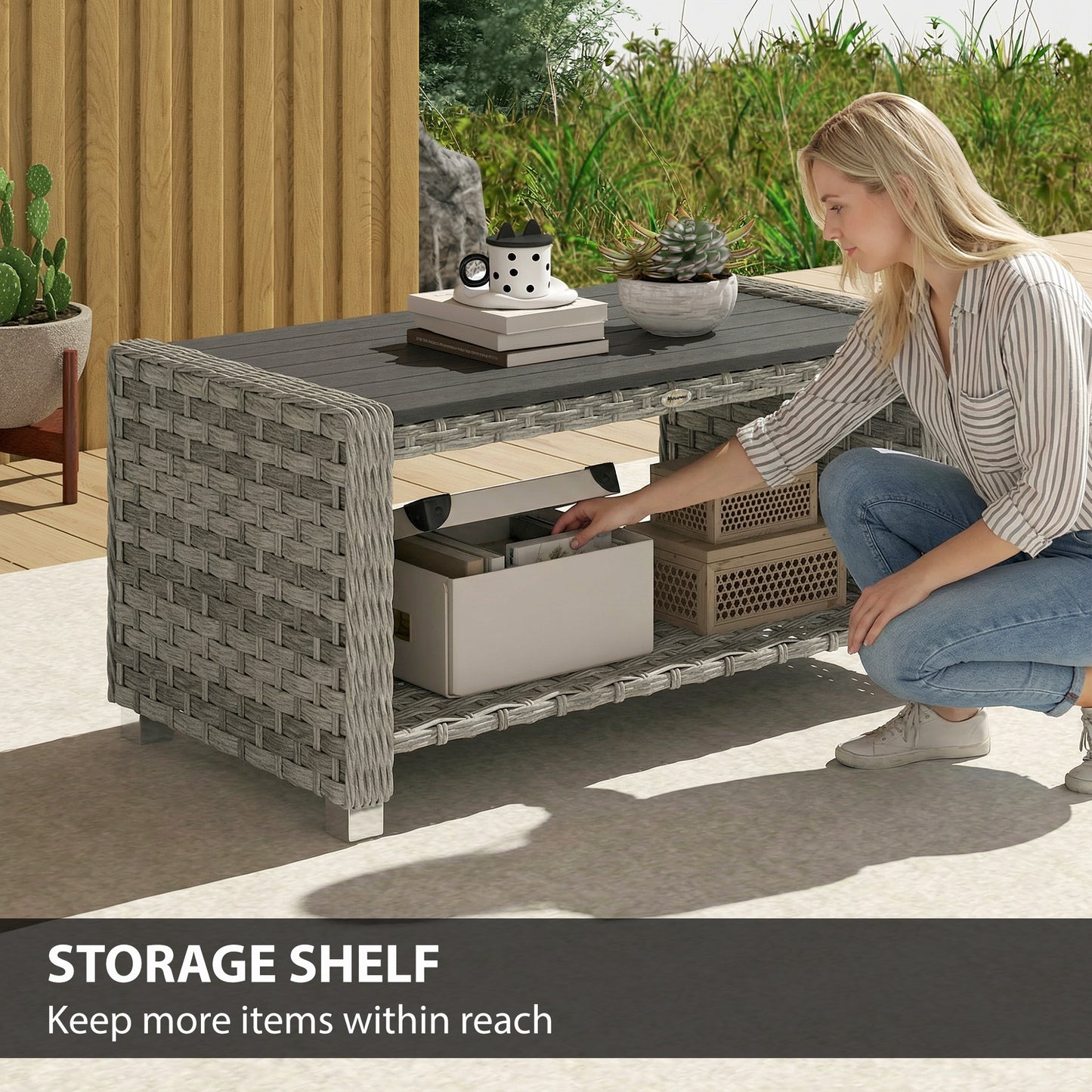 Outsunny Outdoor Coffee Table with Storage Shelf, PE Rattan Side Table with Slatted Top and Foot Pads, Grey