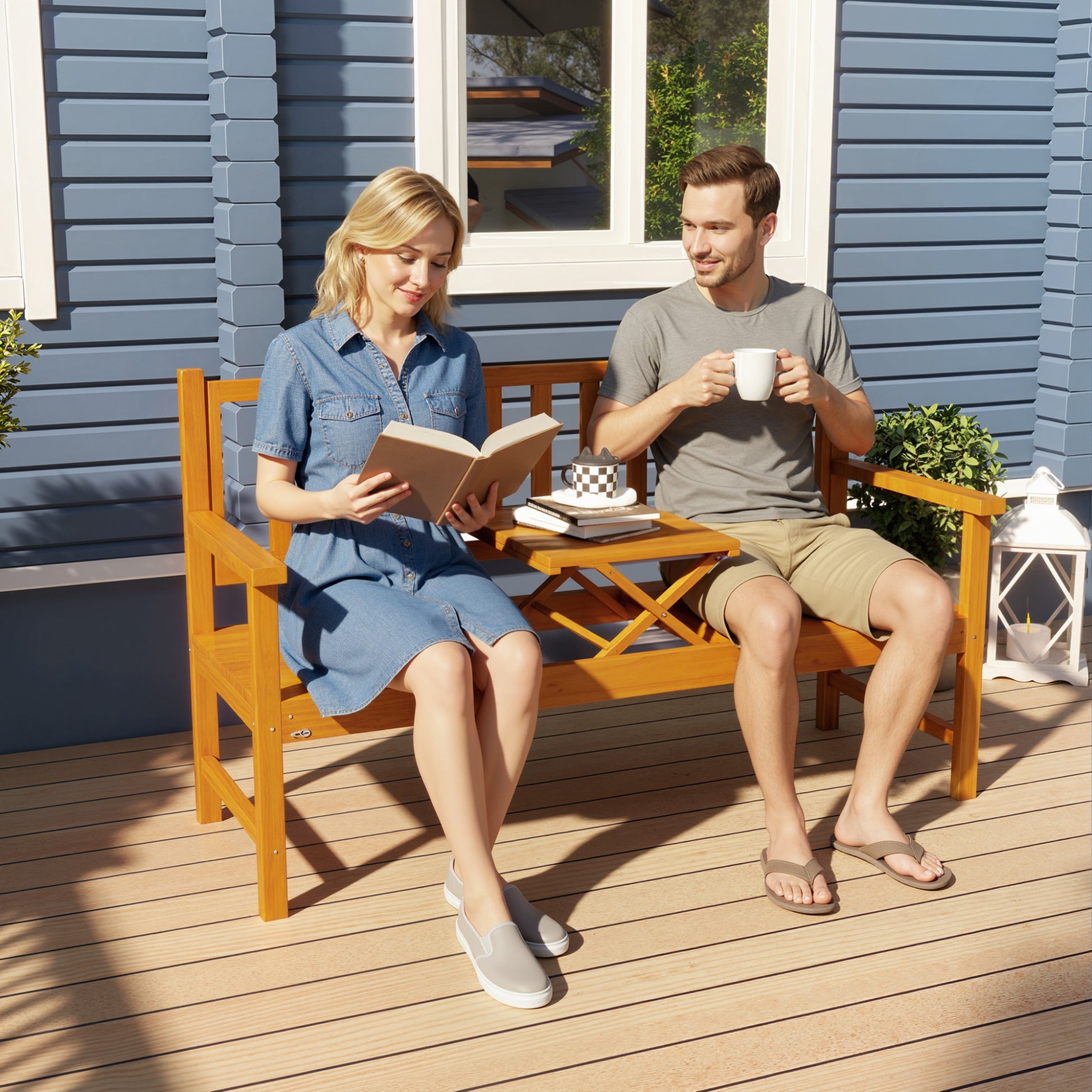 Santorini Wooden Bench with Liftable Middle Table, Garden Bench, Patio Loveseat for Porch, Garden, Seats 2-3 People