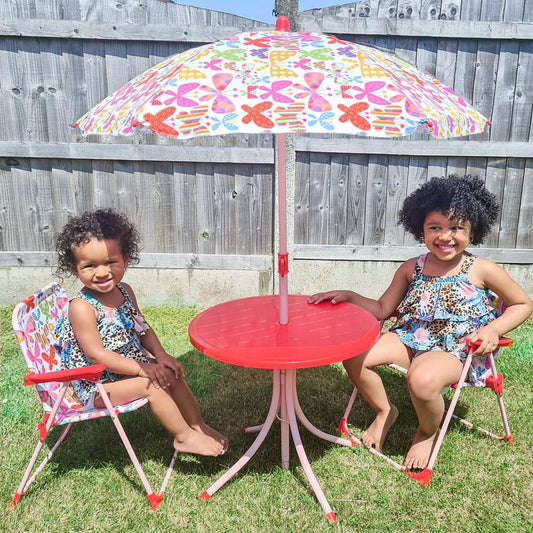 Kids Outdoor Bistro Table and Chair Set Butterfly Pattern Garden Patio Backyard with Removable & Height Adjustable Parasol