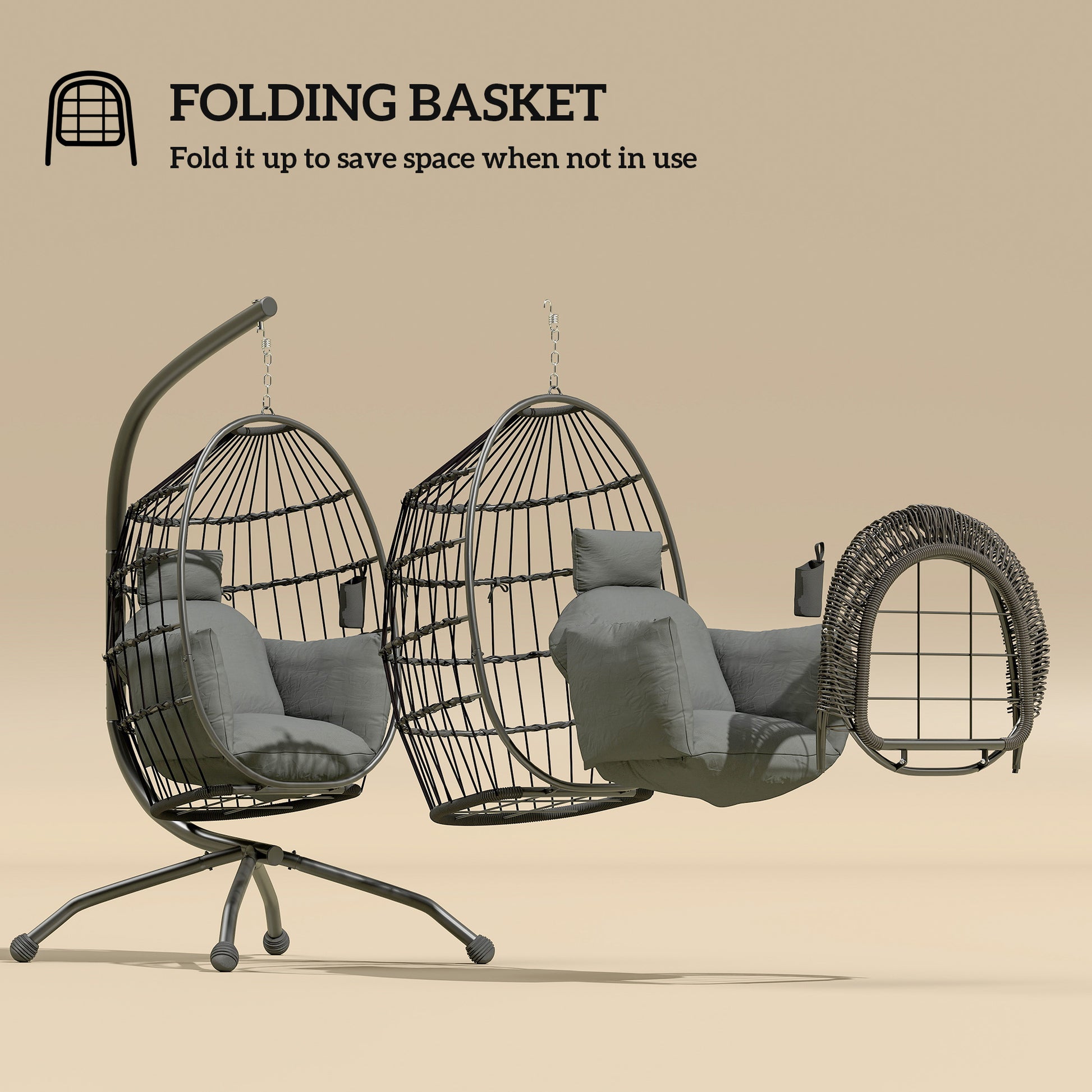 Outsunny Hanging Egg Chair Outdoor Indoor Garden Swing Chair with Folding Basket and Thickened Cushion, Garden Hanging Chair with Stand, Headrest, Cup Holder for Patio, Balcony, Dark Grey