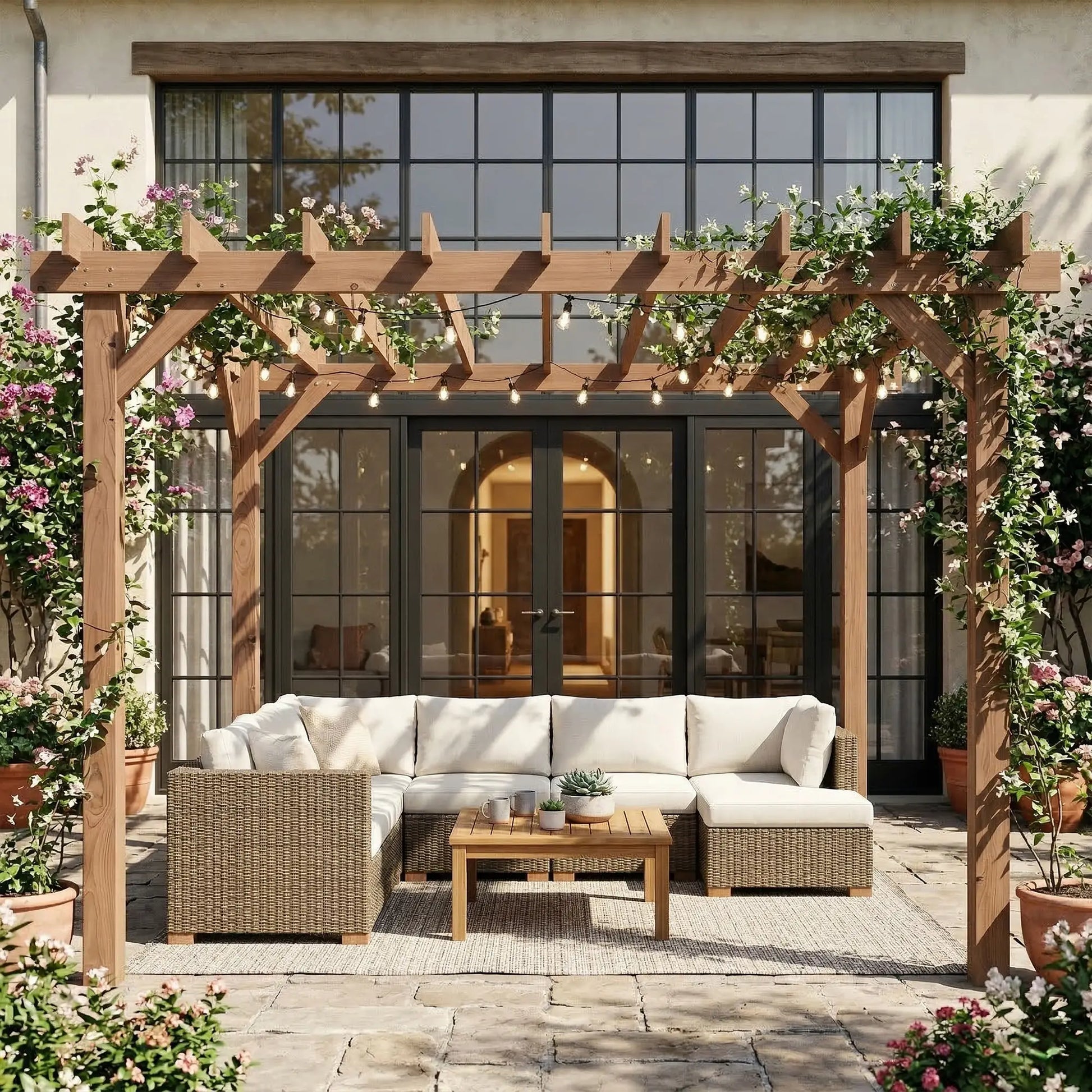3.6m x 3m Wooden Pergola Kit - Maple Wood-Effect Garden Pergola with Grape Trellis Roof and Triangle Supports