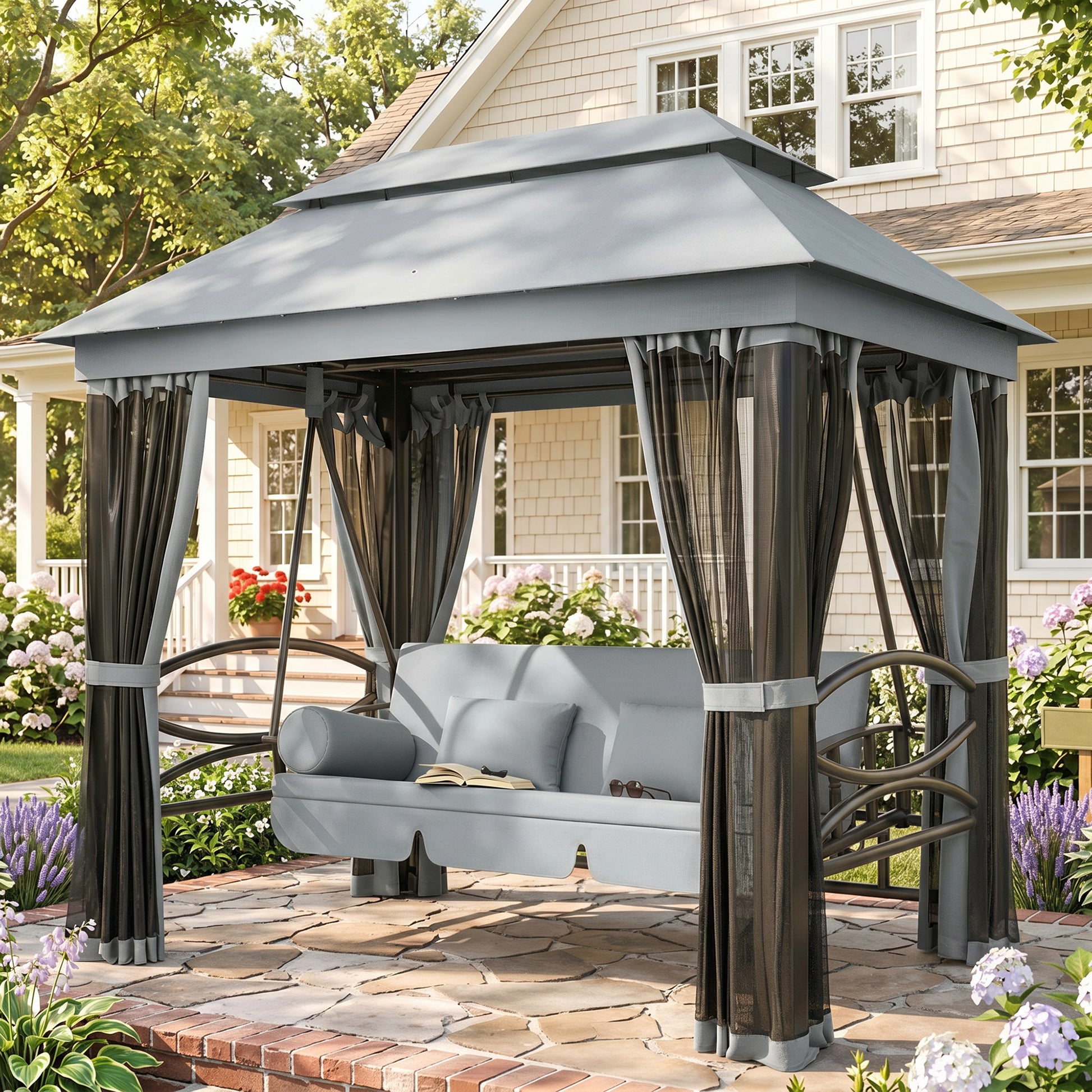 Outsunny 3 Seater Swing Chair 3-in-1 Convertible Garden Swing Seat Bed Gazebo Patio Bench Outdoor with Double Tier Canopy, Cushioned Seat, Mesh Sidewalls, Grey