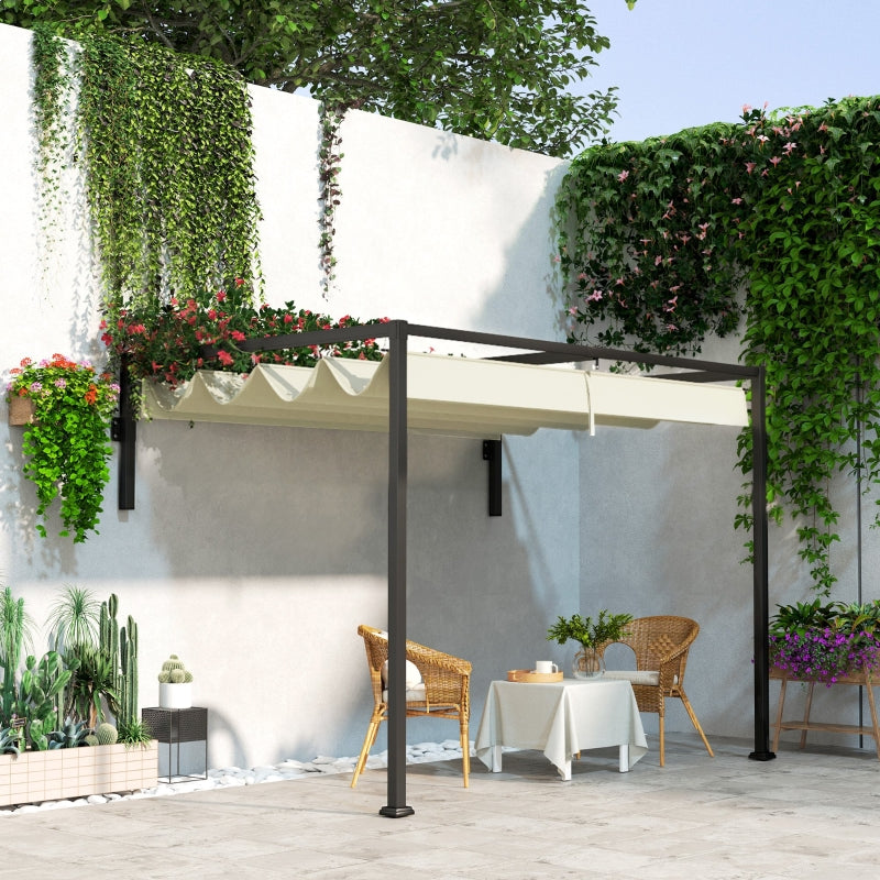 2m x 3m Lean – To Steel Pergola – Khaki Adjustable Canopy Roof, Wall Mounted Patio Shade Shelter