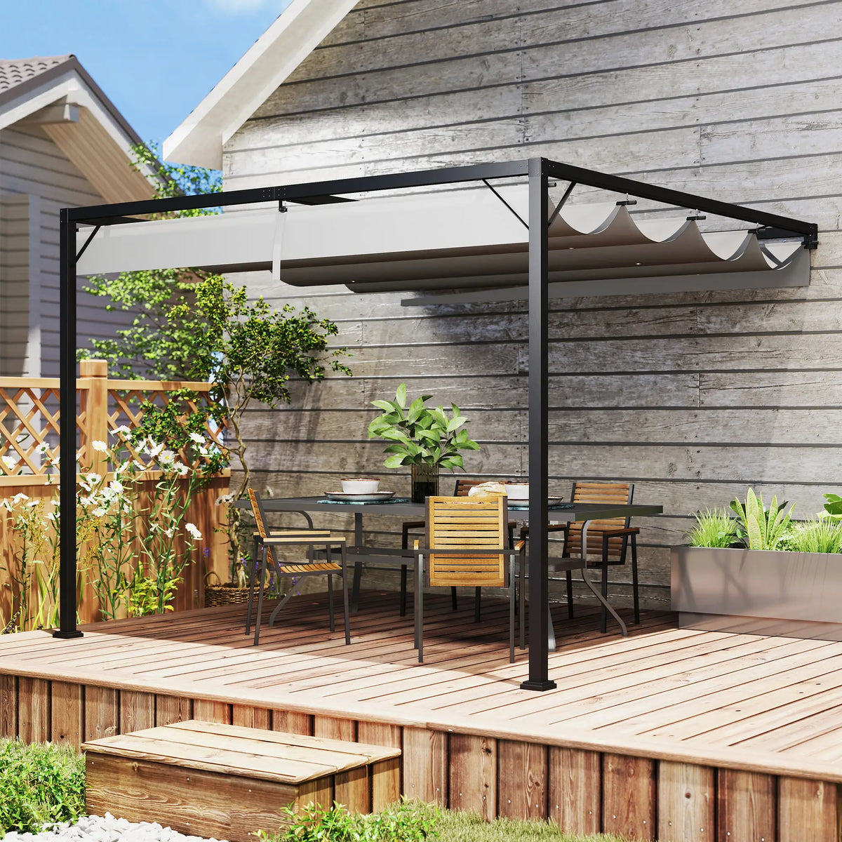 3m x 3m Lean – To Pergola – Grey Retractable Canopy Roof, Wall Mounted Outdoor Patio Shade Shelter