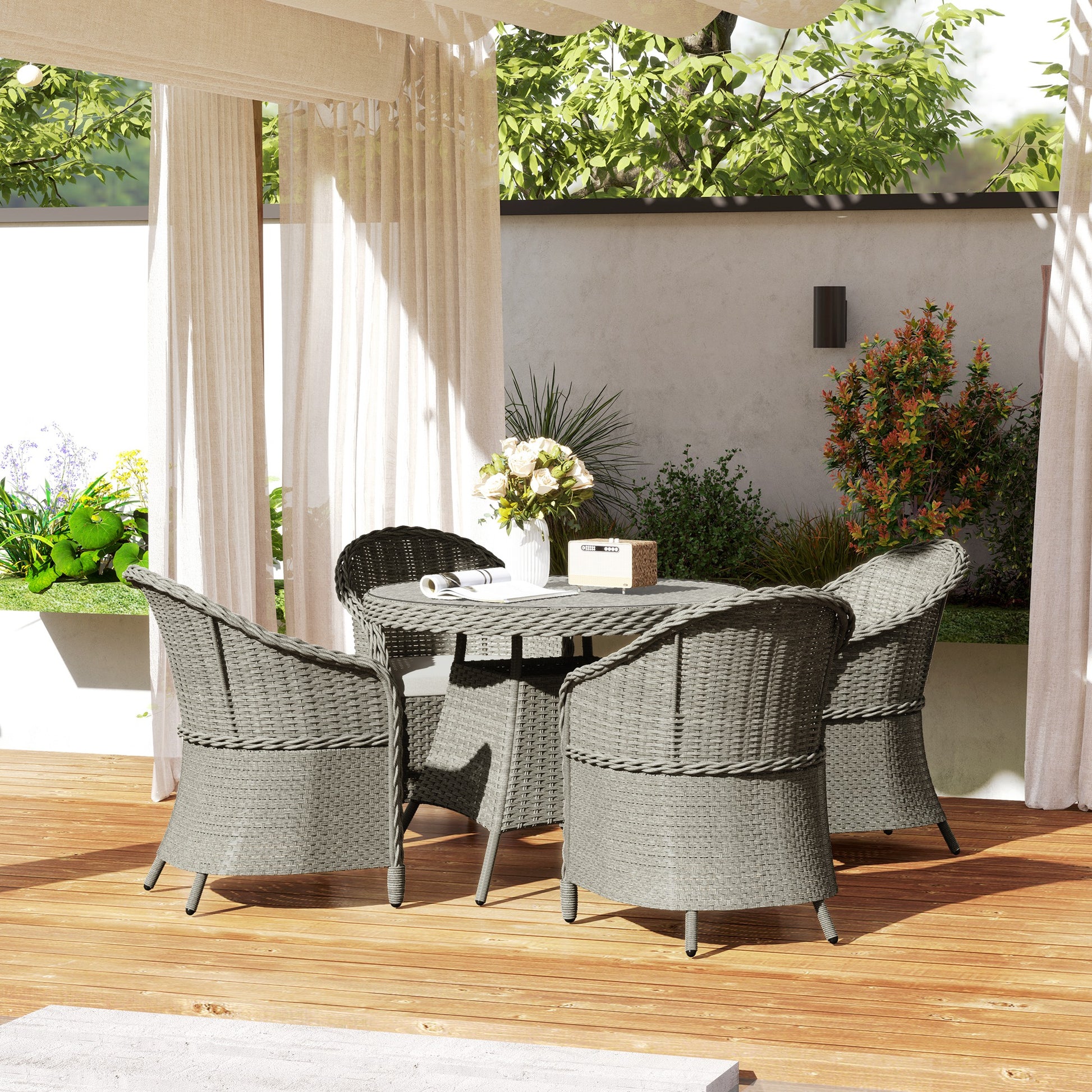 Monaco 4 Seater Rattan Garden Furniture Set with Cushions, Round PE Rattan Dining Set with Glass-Top Table
