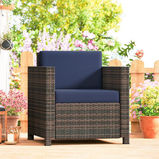 Santorini PE Rattan Garden Armchair with Cushion - Mixed Brown/Navy Blue