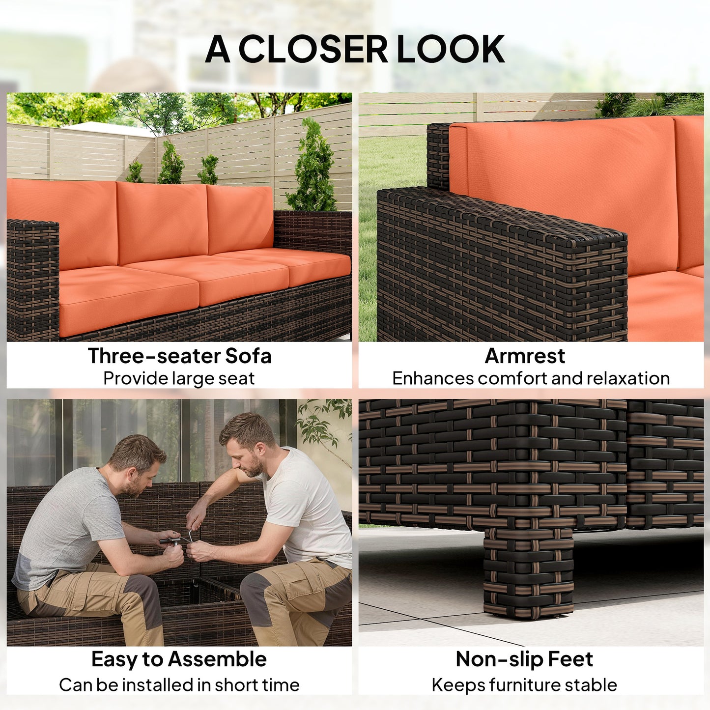 Outsunny 3-Seater Weather Resistant Outdoor Garden Rattan Sofa Orange