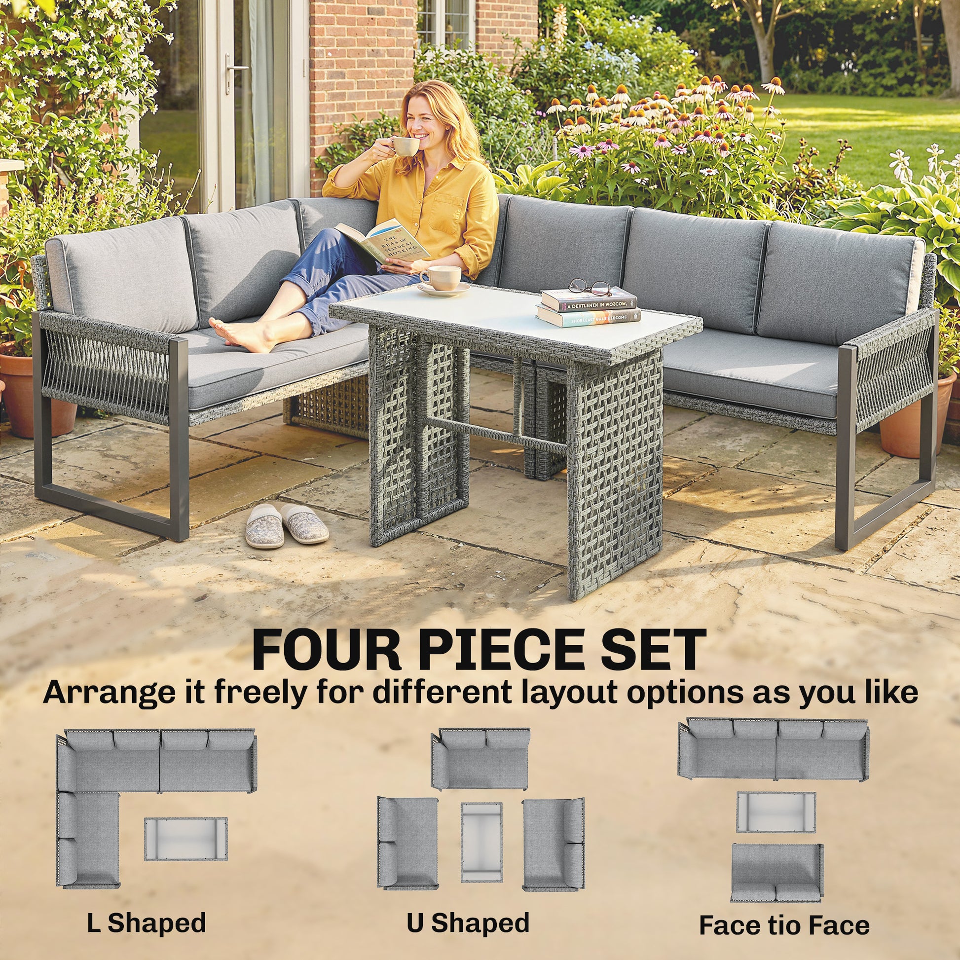 Outsunny 6 Seater Rattan Garden Furniture Set with 3 Loveseats, Table, Patio Rattan Corner Sofa Set, Grey