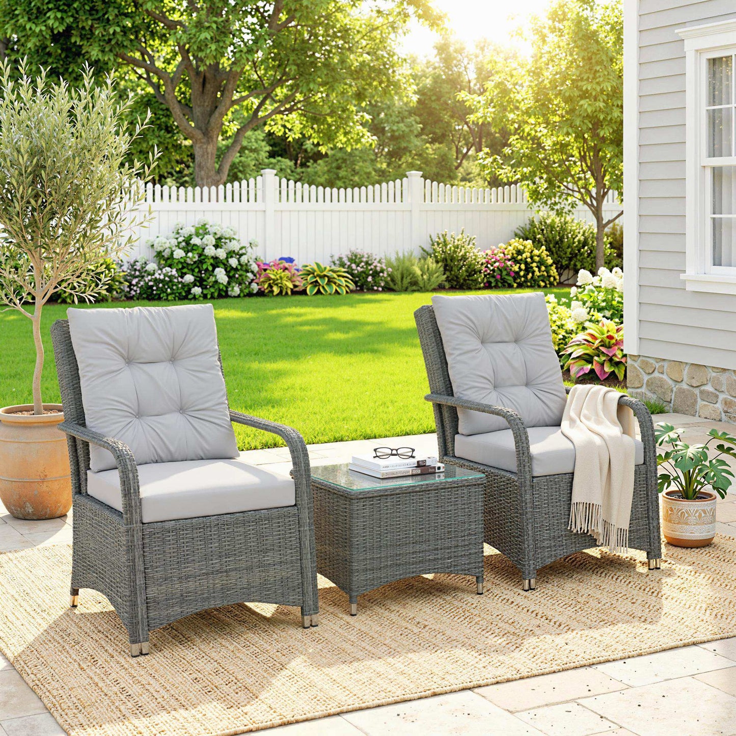 Riviera 3 Piece Rattan Bistro Set, Wicker Garden Furniture Set with Metal Frame, Cover, Glass Top Coffee Table