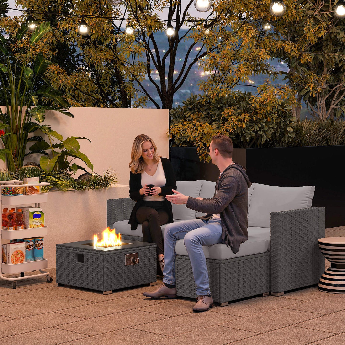 Ibiza Five Piece Rattan Garden Furniture Set with Gas Fire Pit Table and Footstool - Grey