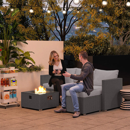 Ibiza Five Piece Rattan Garden Furniture Set with Gas Fire Pit Table and Footstool - Grey