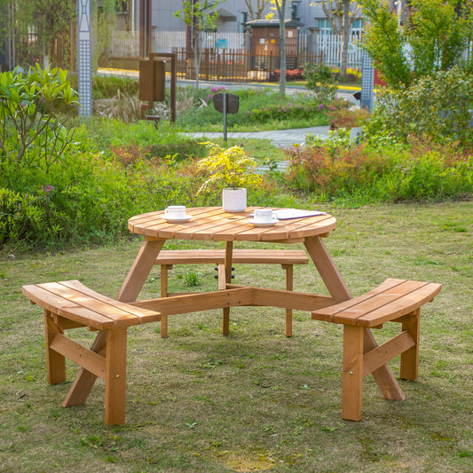 Wooden Garden Dining Set, 6 Seater Round Dining Picnic Table with Matching Bench, Garden Furniture Set with Parasol Hole for Outdoor Patio Party
