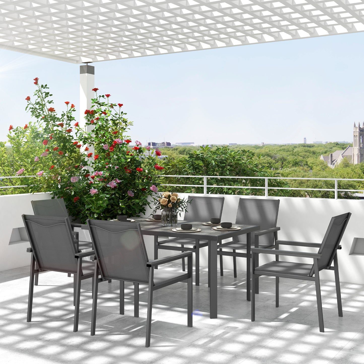 Marbella Seven-Piece Metal Dining Set, with Glass-Top Table - Grey