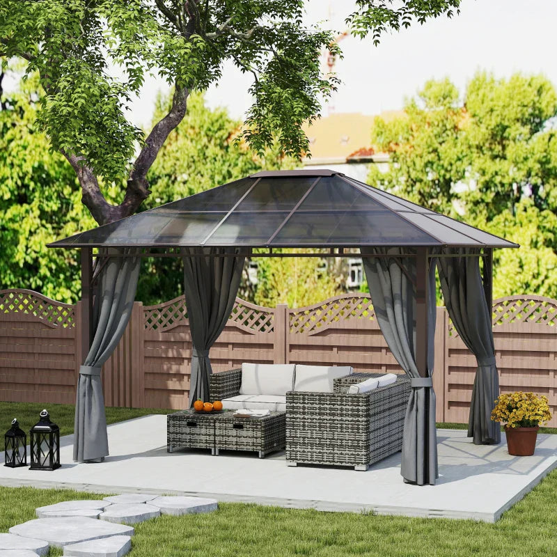 Dark Grey 3m x 3.6m Hardtop Gazebo – Polycarbonate Roof Garden Pavilion with Removable Privacy Curtains